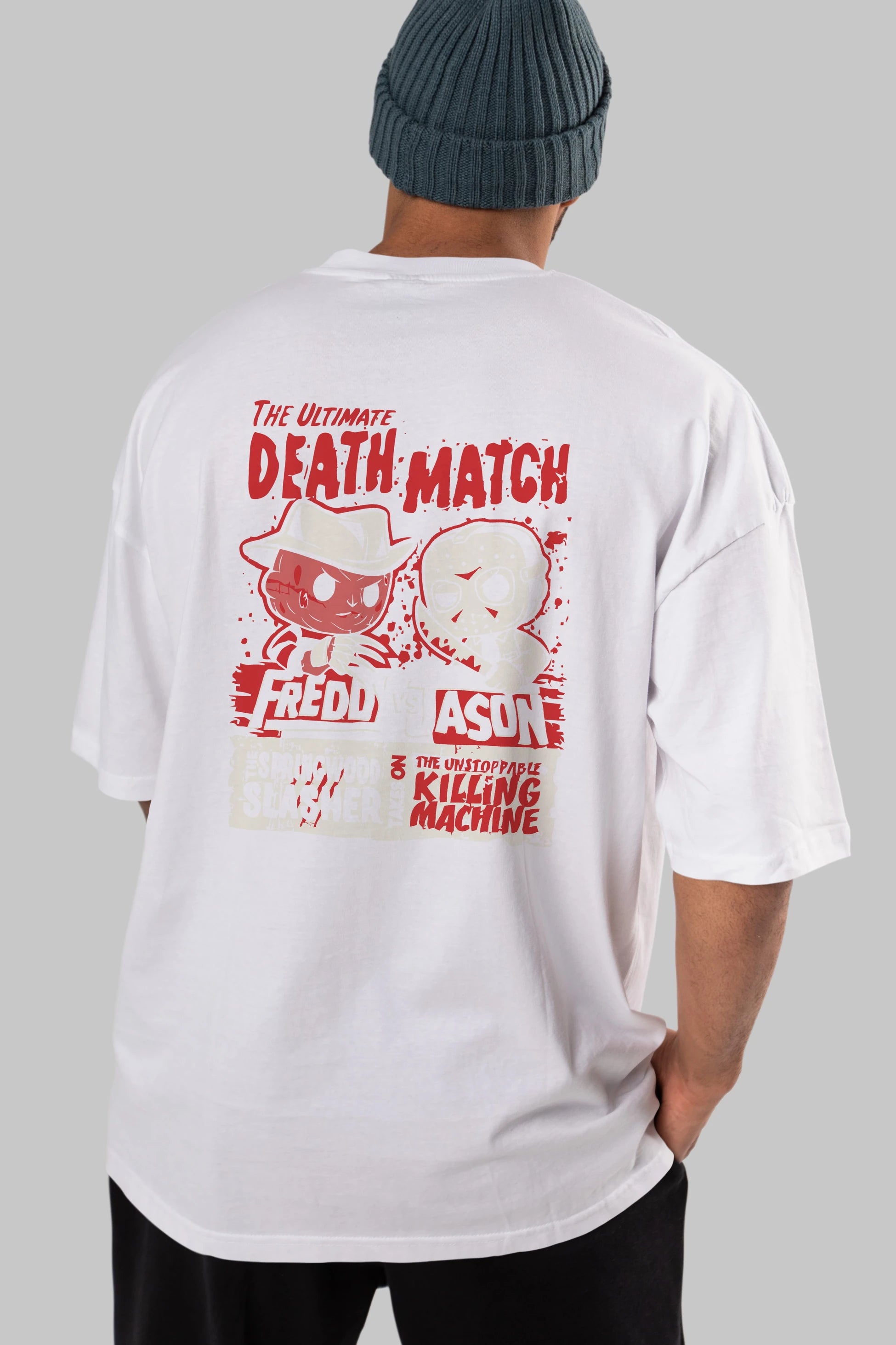 Freddy vs Jason Arka Baskılı Oversize t-shirt Erkek Kadın Unisex %100 Pamuk Bisiklet Yaka tişort
