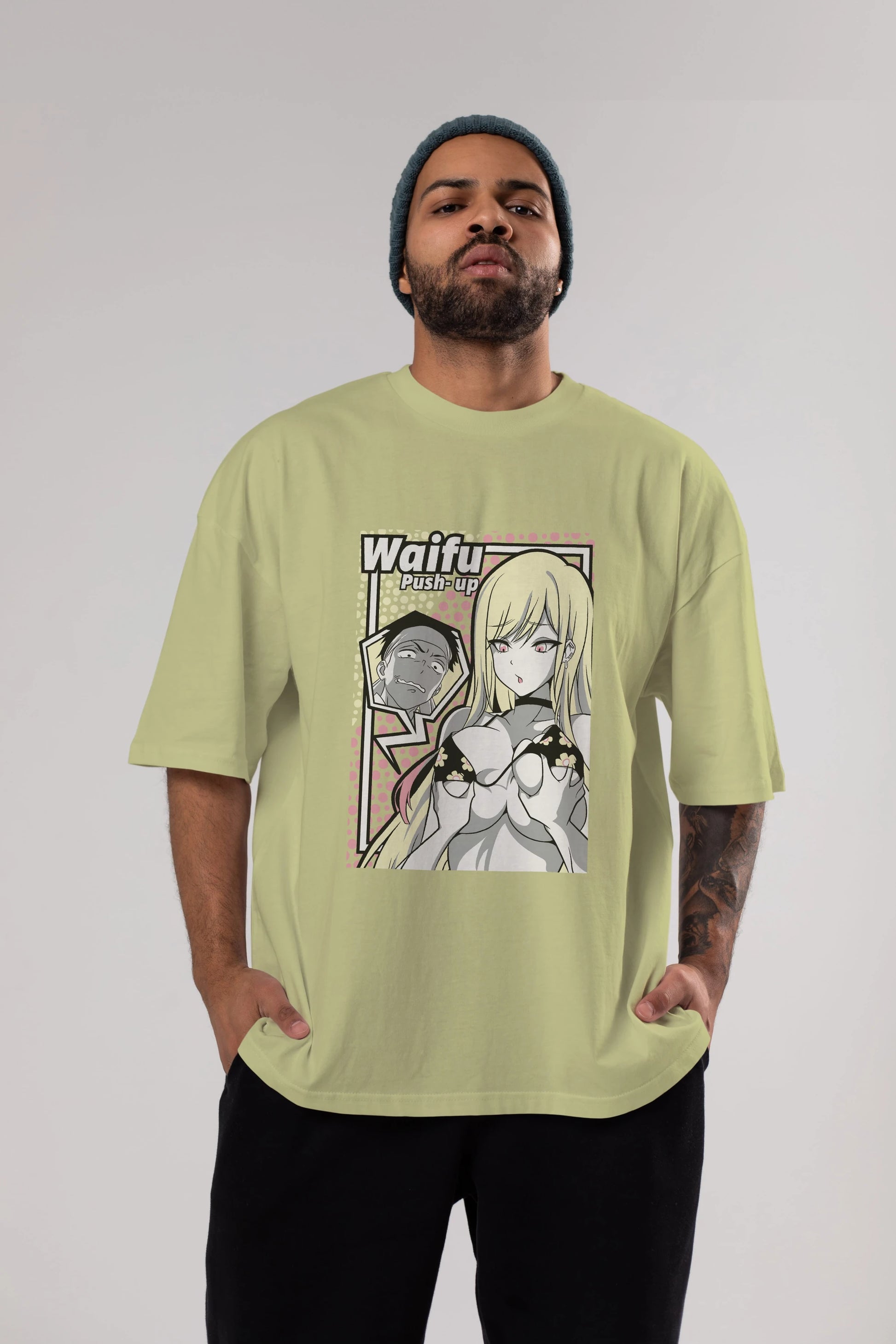 Waifu PushUp Anime Ön Baskılı Oversize t-shirt %100 pamuk Erkek Kadın Unisex