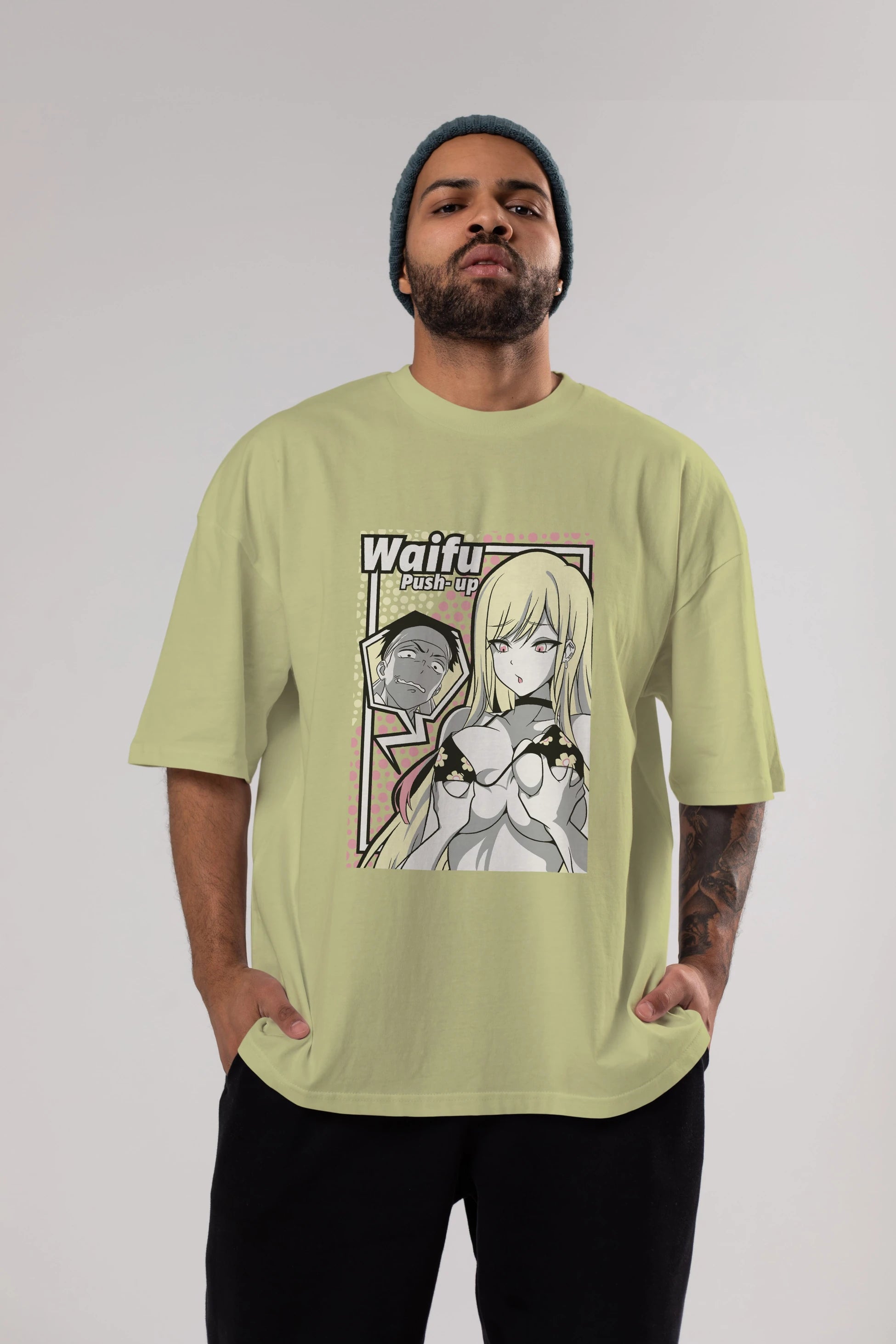 Waifu PushUp Anime Ön Baskılı Oversize t-shirt %100 pamuk Erkek Kadın Unisex