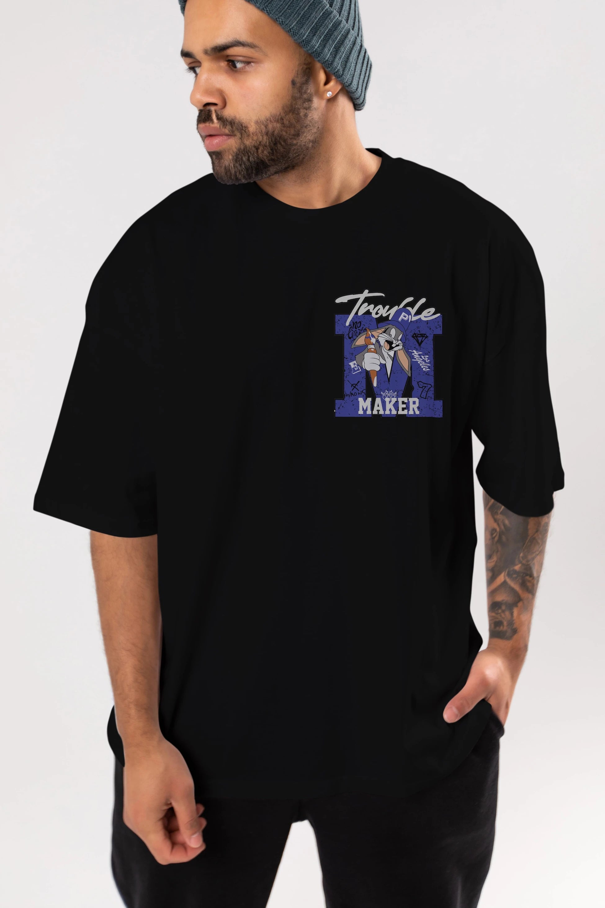 Bugs Bunny Ön Sol Baskılı Oversize t-shirt Erkek Kadın Unisex %100 Pamuk Bisiklet Yaka tişort