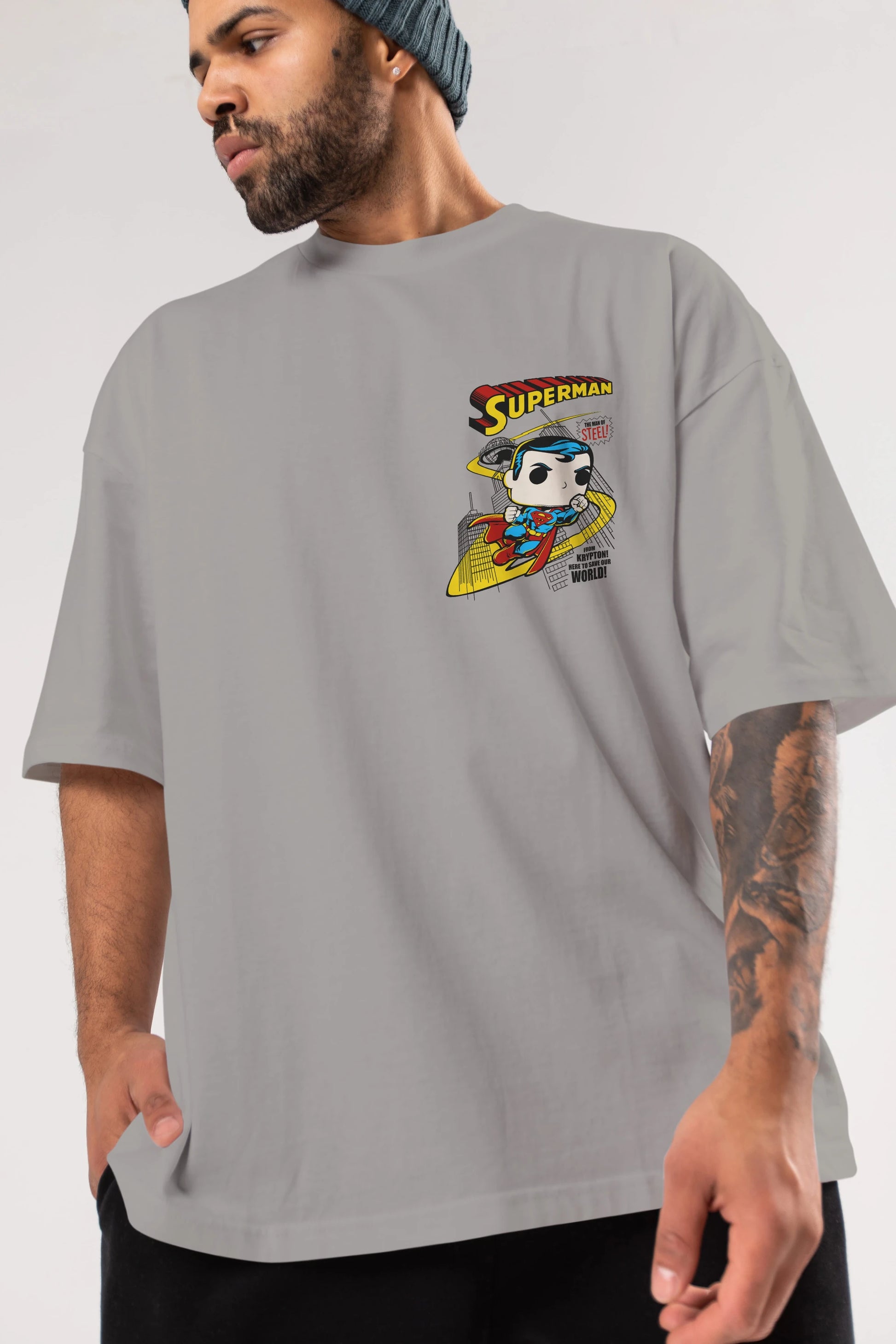 Superman (2) Ön Sol Baskılı Oversize t-shirt Erkek Kadın Unisex %100 Pamuk Bisiklet Yaka tişort