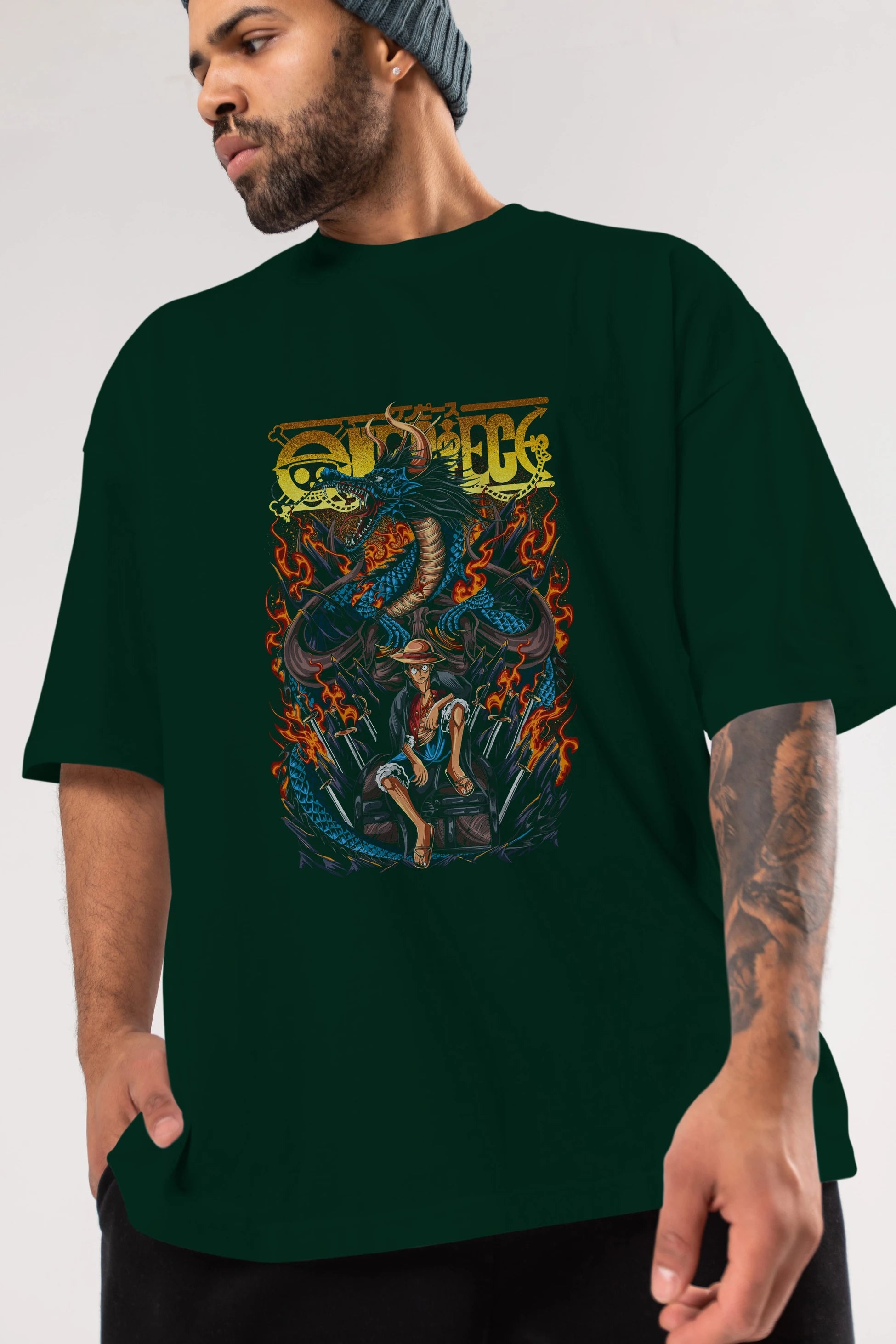 MONKEY D. LUFF-ONE PIECE Anime Ön Baskılı Oversize t-shirt %100 pamuk Erkek Kadın Unisex