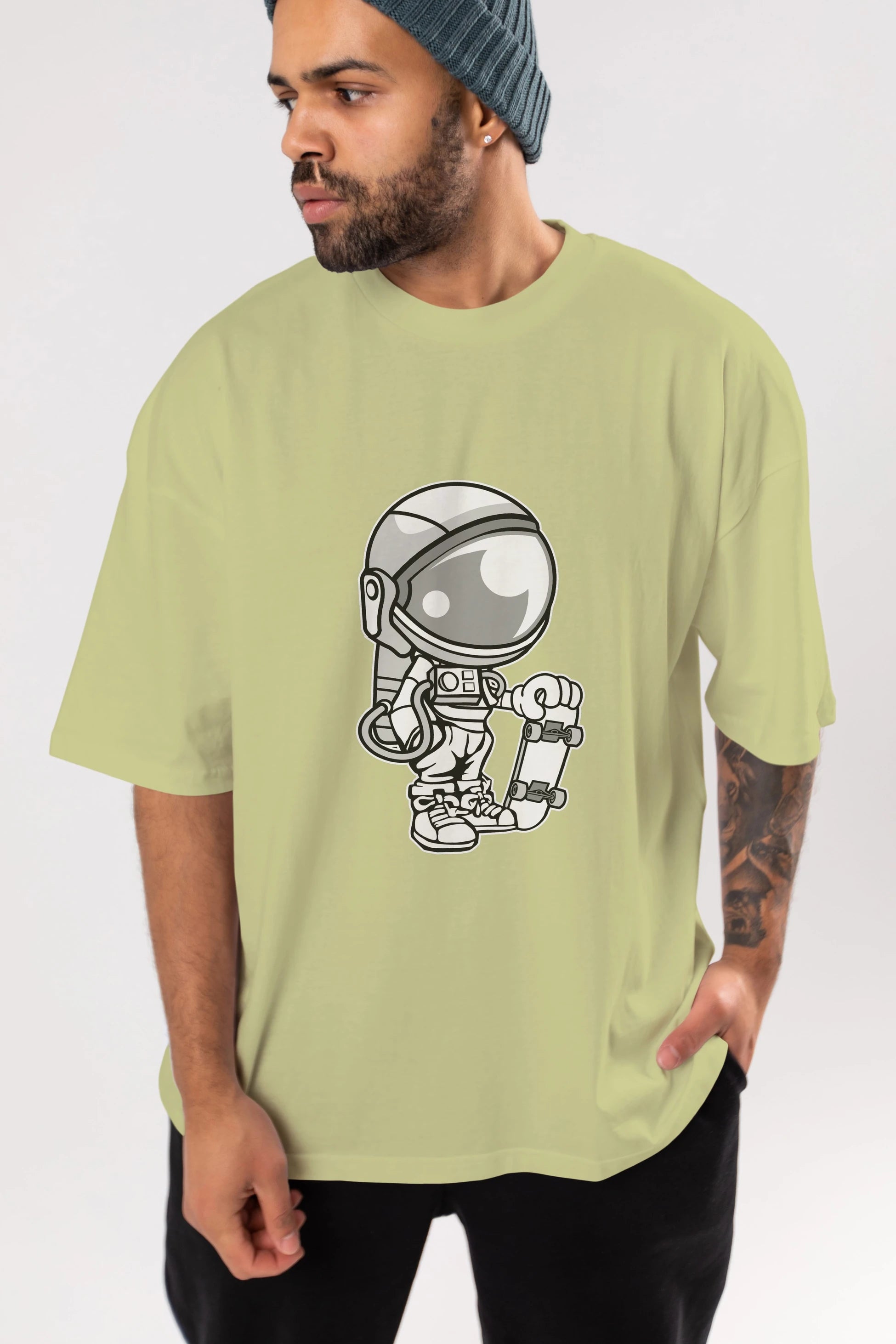 Astronaut Skaterboy Ön Baskılı Oversize t-shirt Erkek Kadın Unisex %100 Pamuk tişort