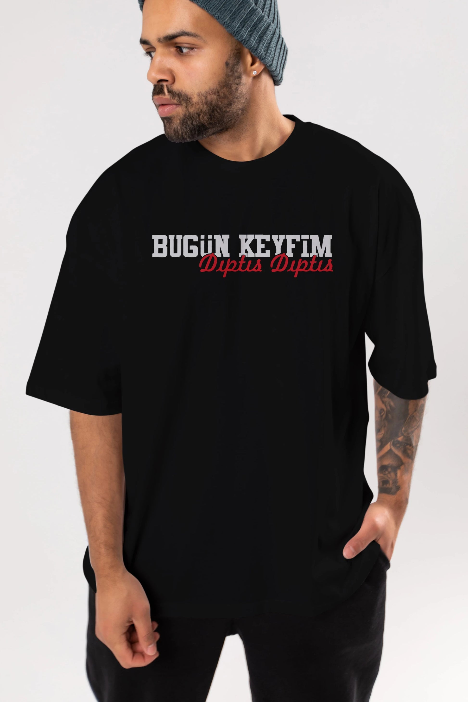 Bugün Keyfim Dıptıs Ön Baskılı Oversize t-shirt %100 pamuk Erkek Kadın Unisex
