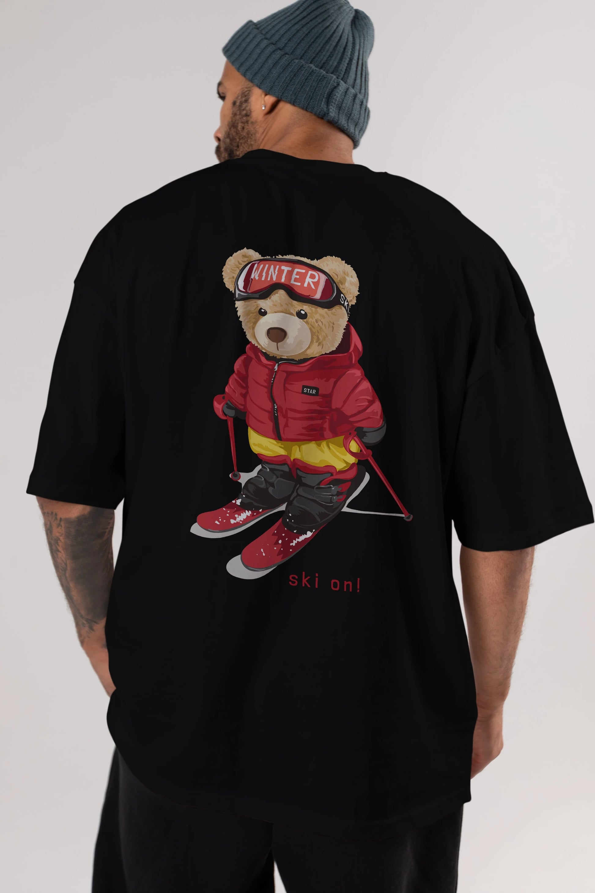Teddy Bear Ski On Arka Baskılı Oversize t-shirt Erkek Kadın Unisex %100 Pamuk