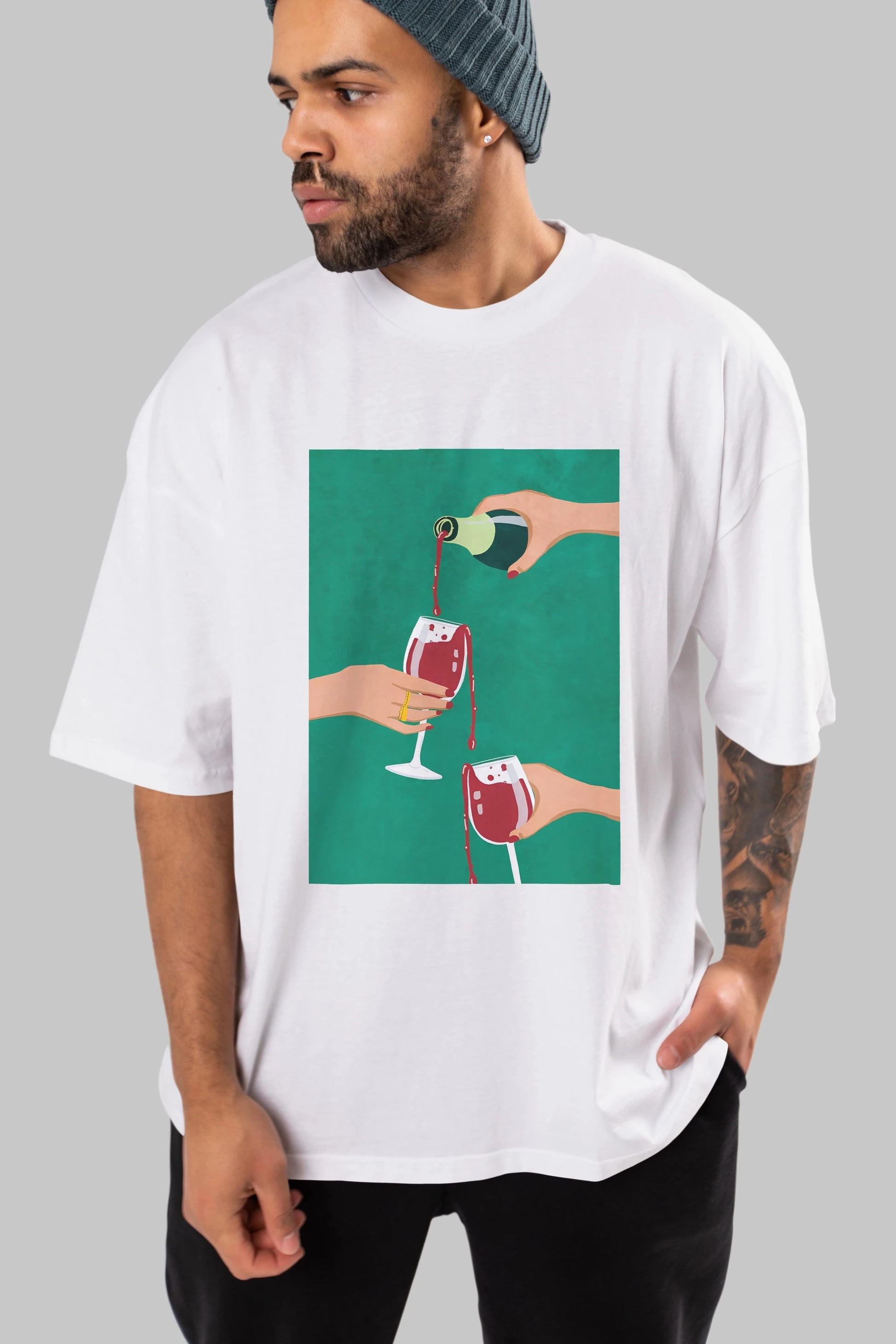 Wine 2 Ön Baskılı Oversize t-shirt Erkek Kadın Unisex %100 Pamuk Bisiklet Yaka tişort