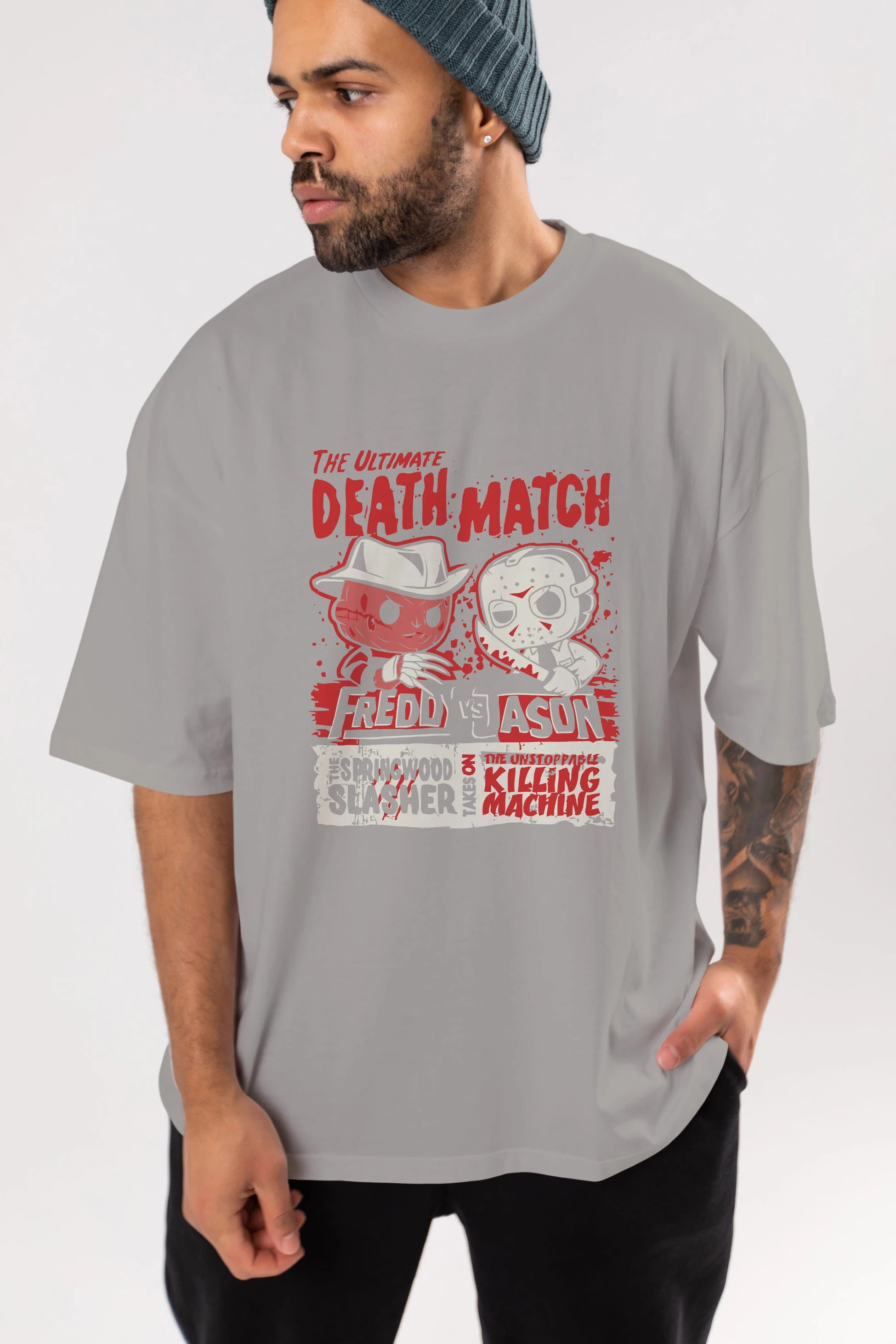 Freddy vs Jason Ön Baskılı Oversize t-shirt Erkek Kadın Unisex %100 Pamuk Bisiklet Yaka tişort
