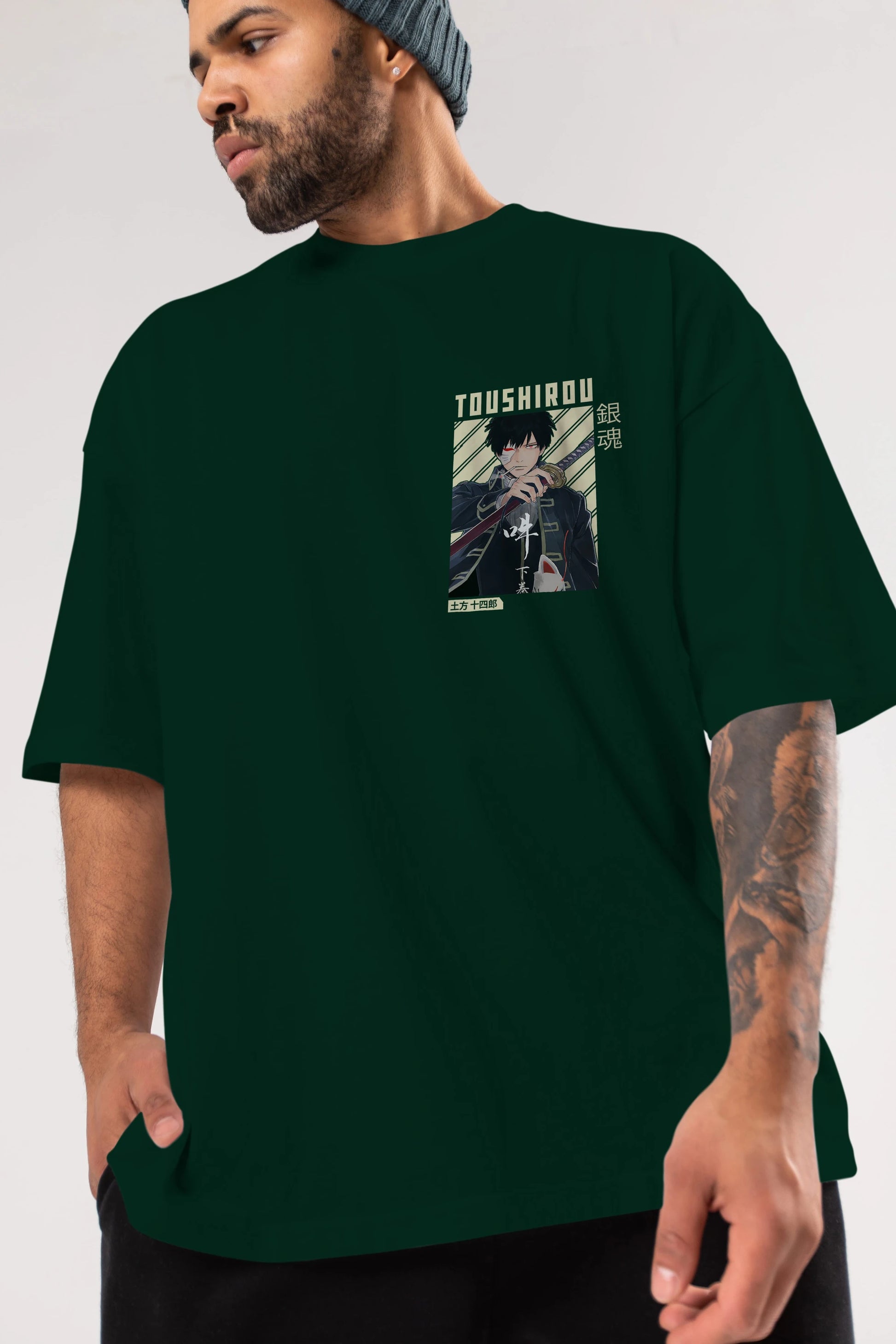 Toushirou Hijikata Ön Sol Baskılı Oversize t-shirt Erkek Kadın Unisex %100 Pamuk Bisiklet Yaka tişort
