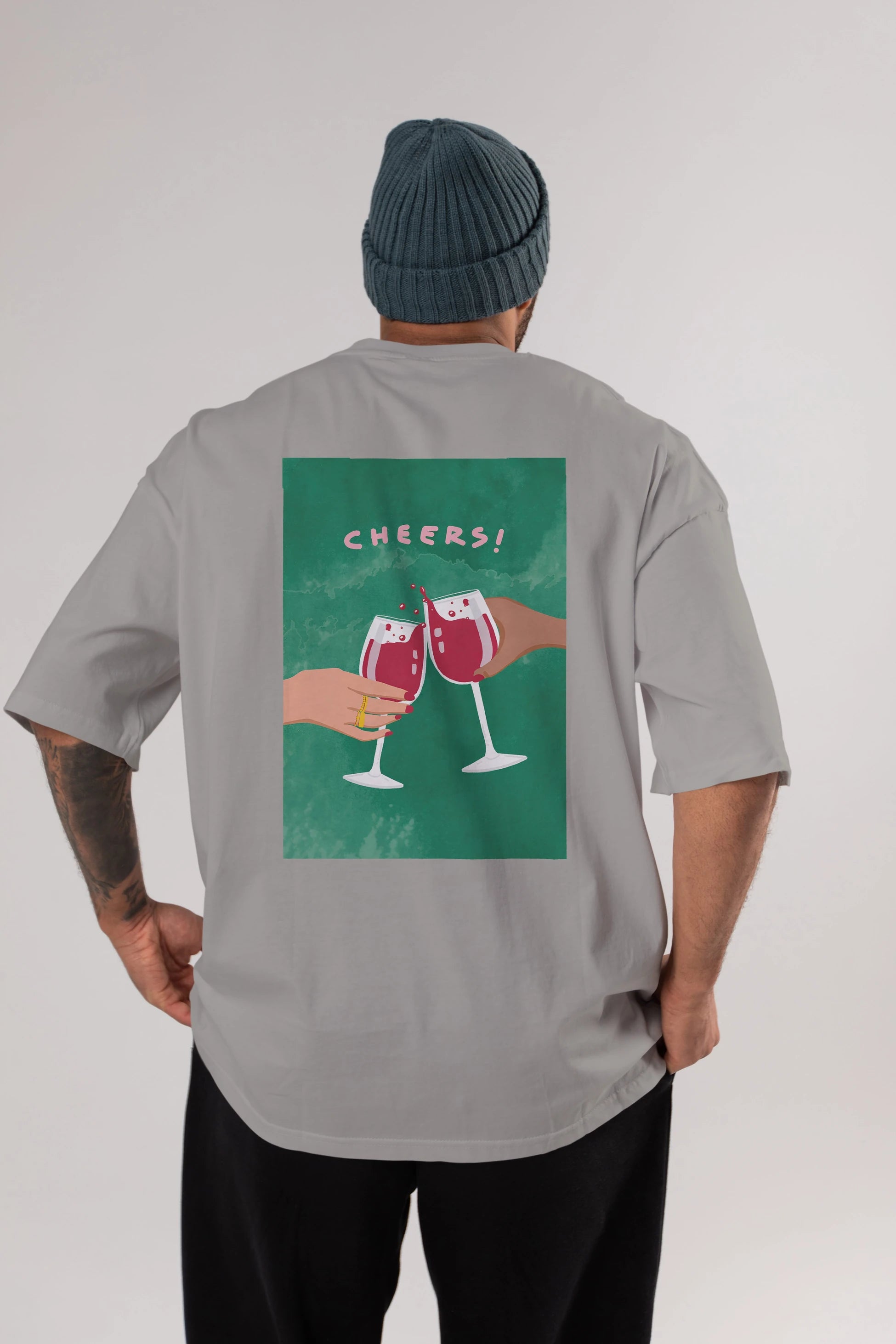 Cheers Arka Baskılı Oversize t-shirt Erkek Kadın Unisex %100 Pamuk Bisiklet Yaka tişort