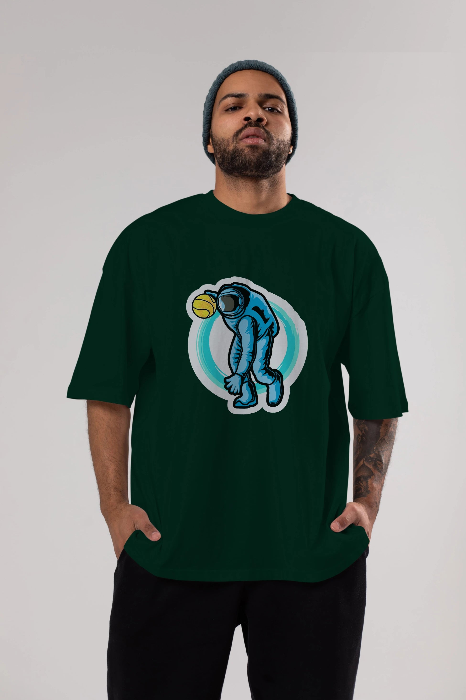 Astronaut Dribble Sticker Ön Baskılı Oversize t-shirt Erkek Kadın Unisex