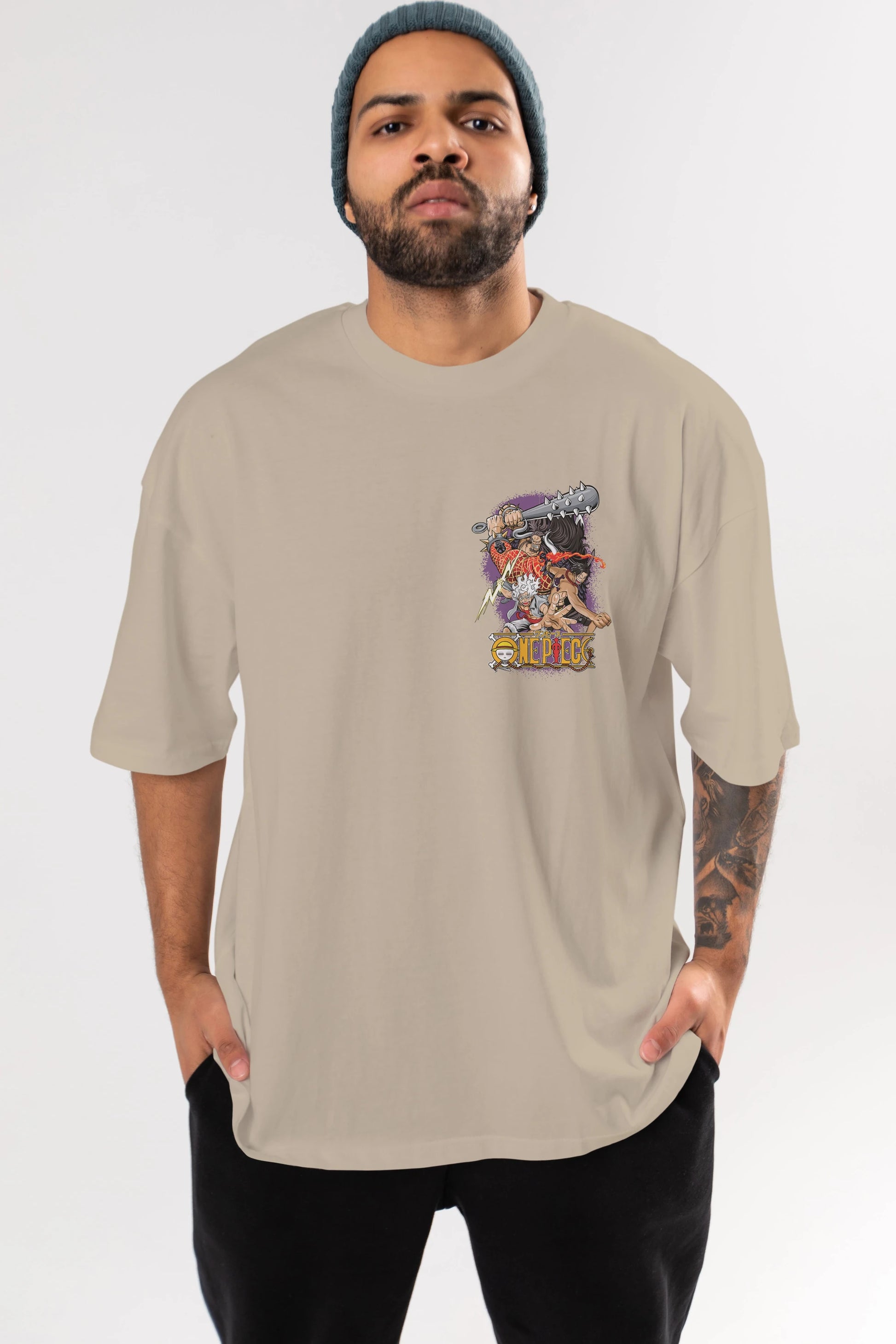 ONE PIECE (6) Ön Sol Baskılı Oversize t-shirt Erkek Kadın Unisex %100 Pamuk Bisiklet Yaka tişort