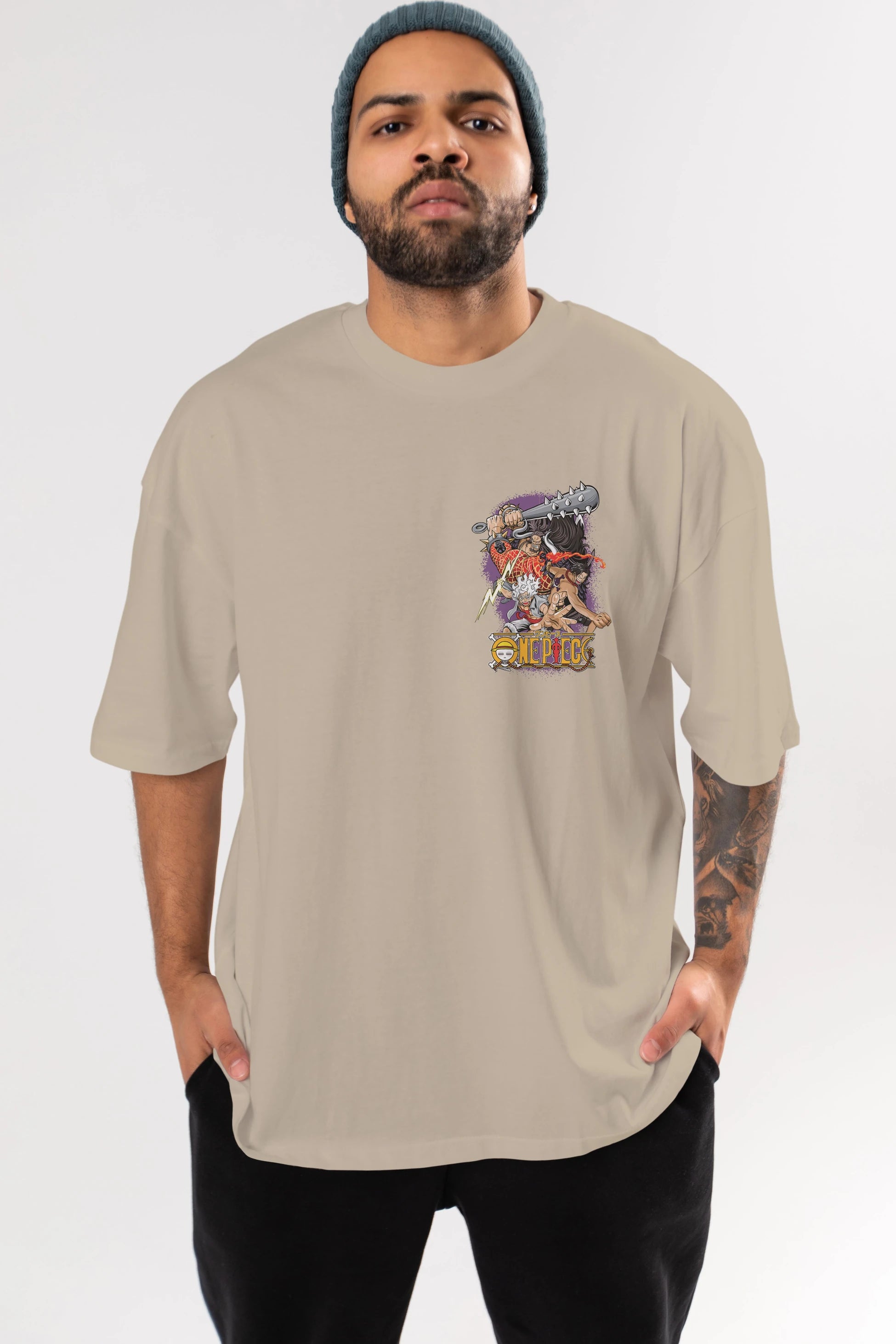 ONE PIECE (6) Ön Sol Baskılı Oversize t-shirt Erkek Kadın Unisex %100 Pamuk Bisiklet Yaka tişort