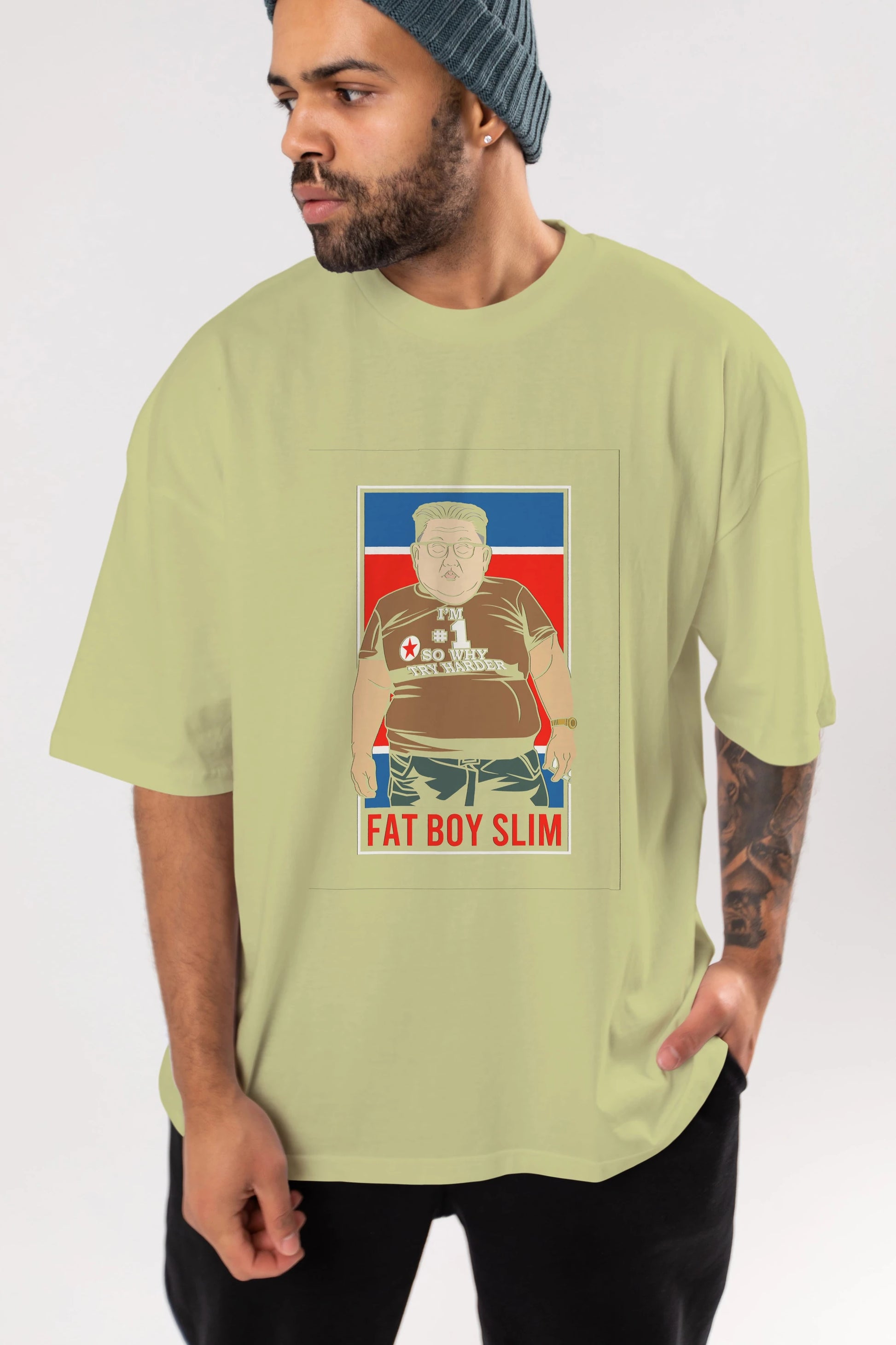 Fat Boy Slim Kim Jong Un Ön Baskılı Oversize t-shirt Erkek Kadın Unisex %100 Pamuk tişort