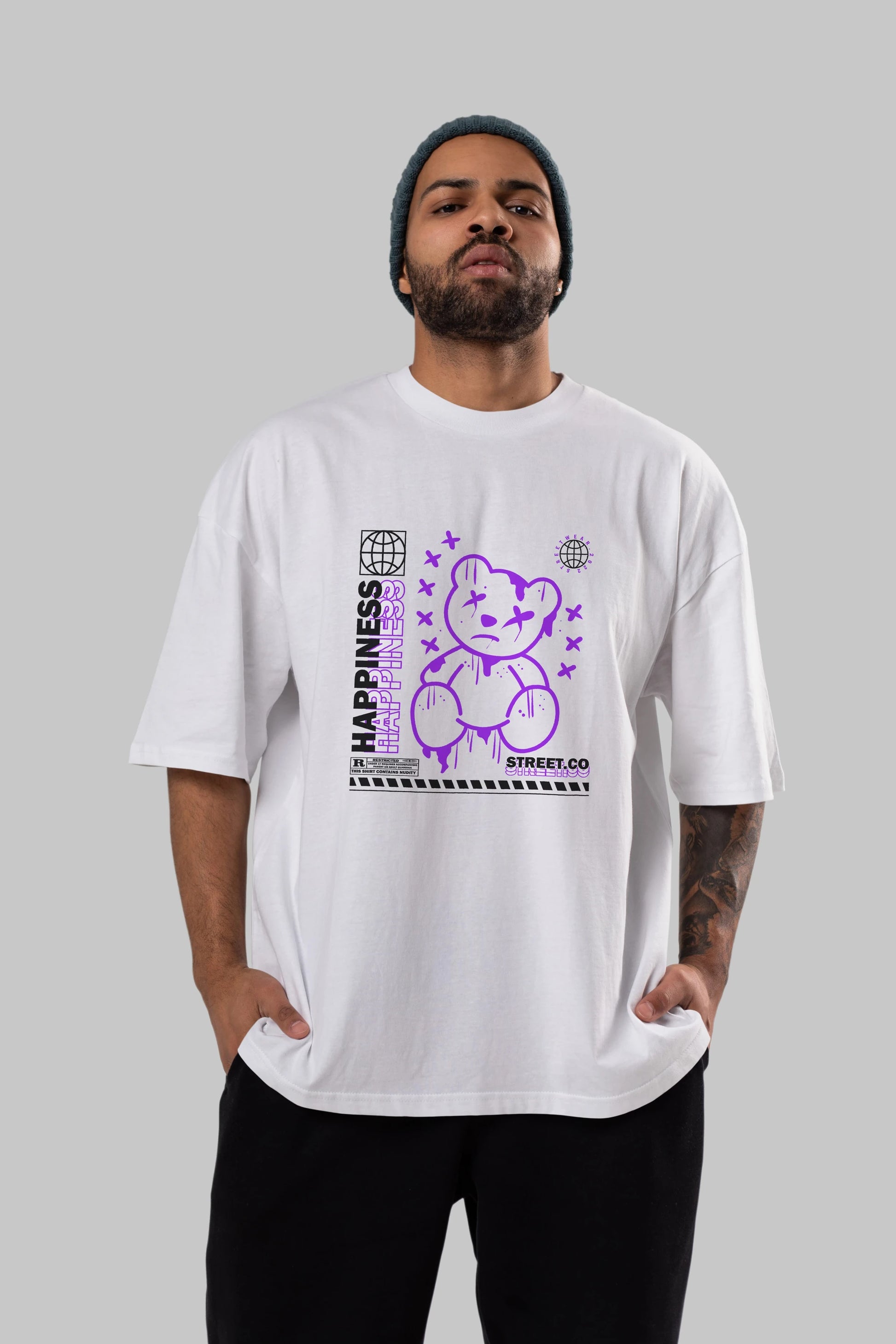 Happiness Bear 3 Ön Baskılı Oversize t-shirt Erkek Kadın Unisex