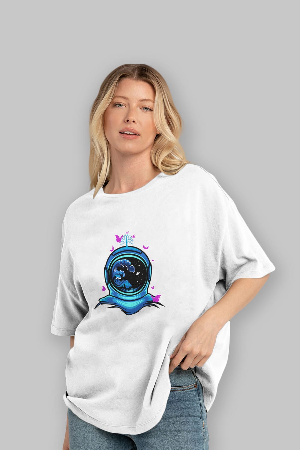 Astronaut and Butterfly Ön Baskılı Oversize t-shirt Erkek Kadın Unisex