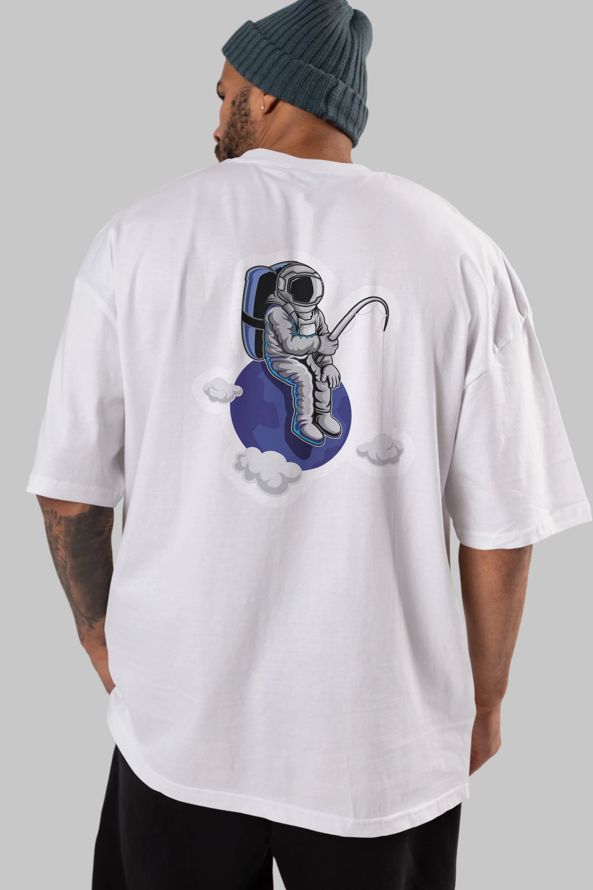 Astronaut Fishing Sticker Arka Baskılı Oversize t-shirt Erkek Kadın Unisex