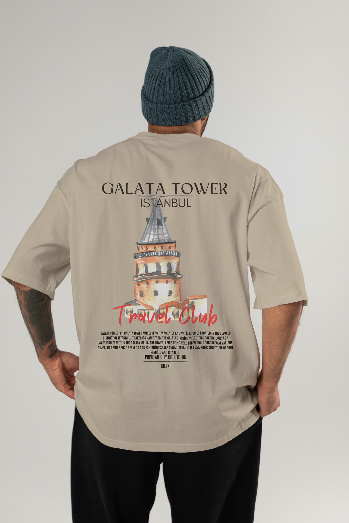 Galata Tower İstanbul Arka Baskılı Oversize t-shirt Erkek Kadın Pamuk Bisiklet Yaka tişort