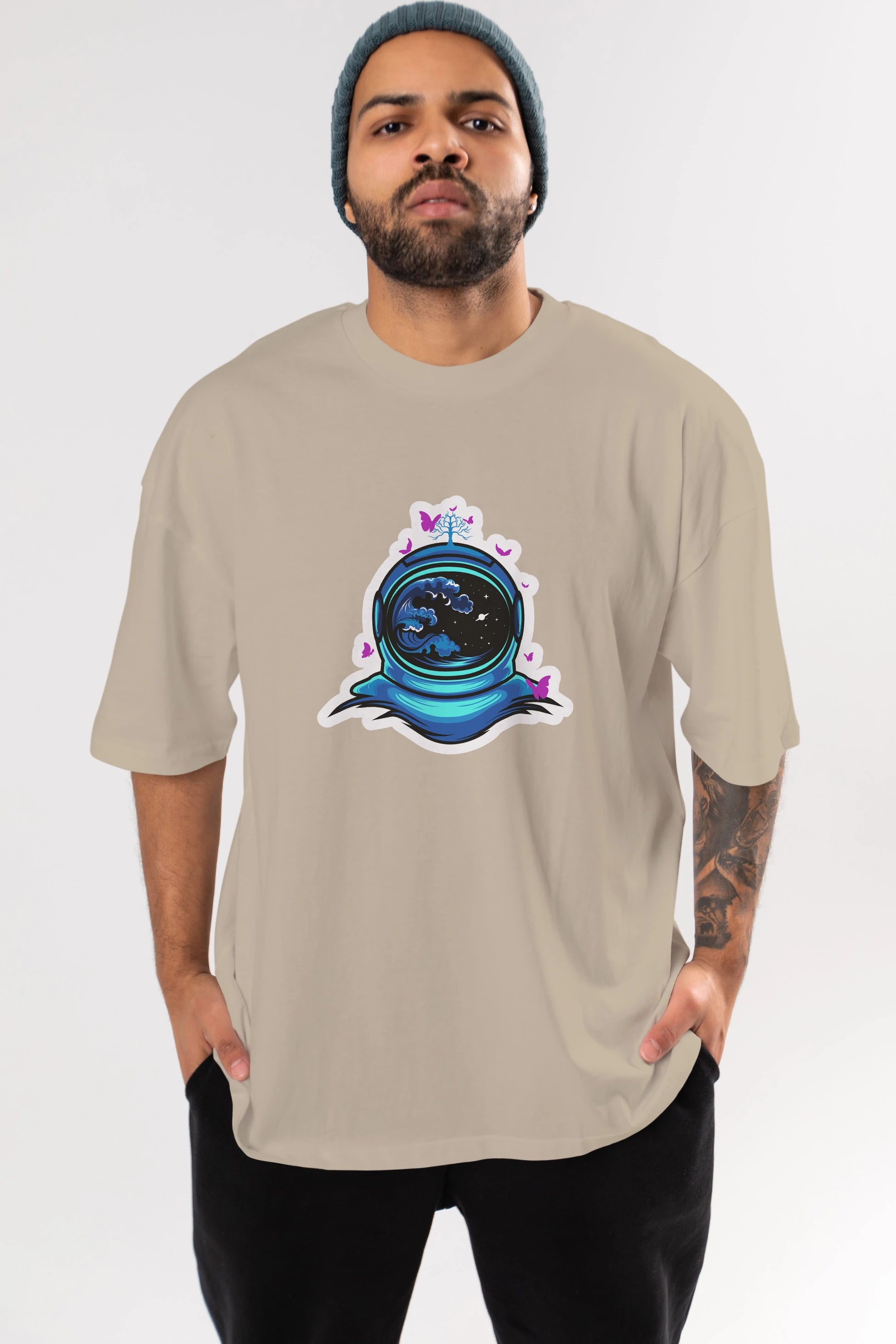 Astronaut and Butterfly Sticker Ön Baskılı Oversize t-shirt Erkek Kadın Unisex