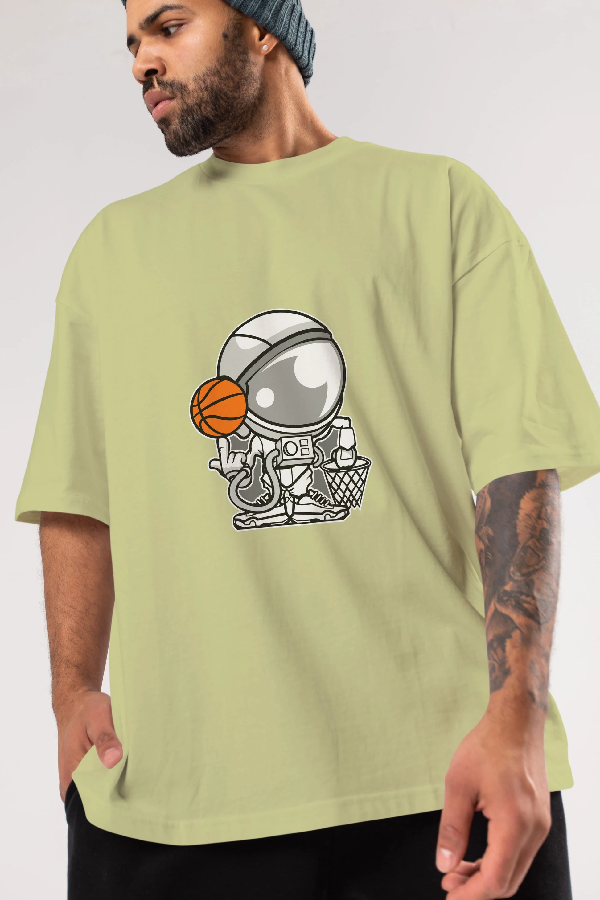 Astronaut Basketball Ön Baskılı Oversize t-shirt Erkek Kadın Unisex %100 Pamuk tişort