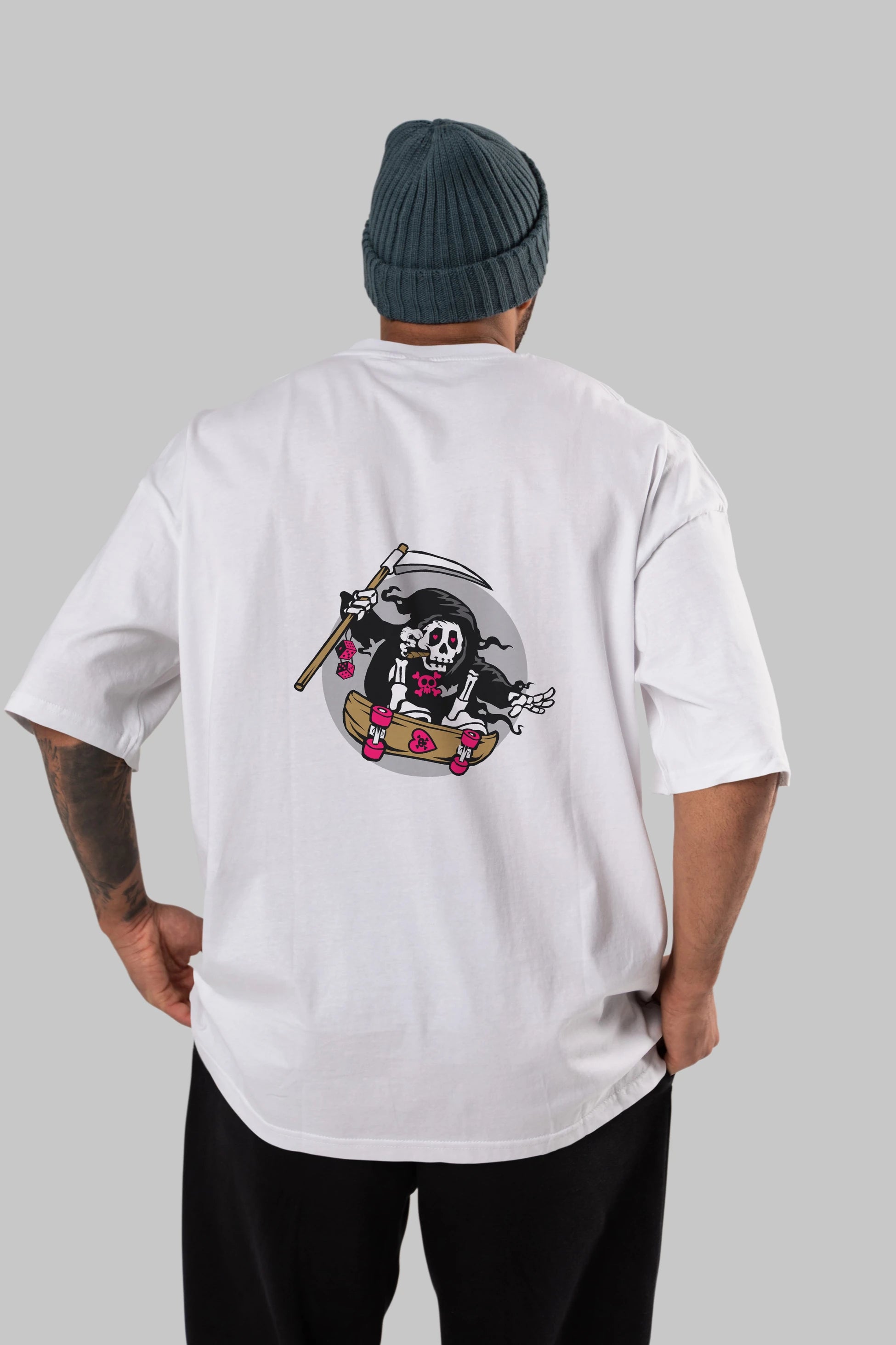 Grim Skater Arka Baskılı Oversize t-shirt Erkek Kadın Unisex %100 Pamuk tişort