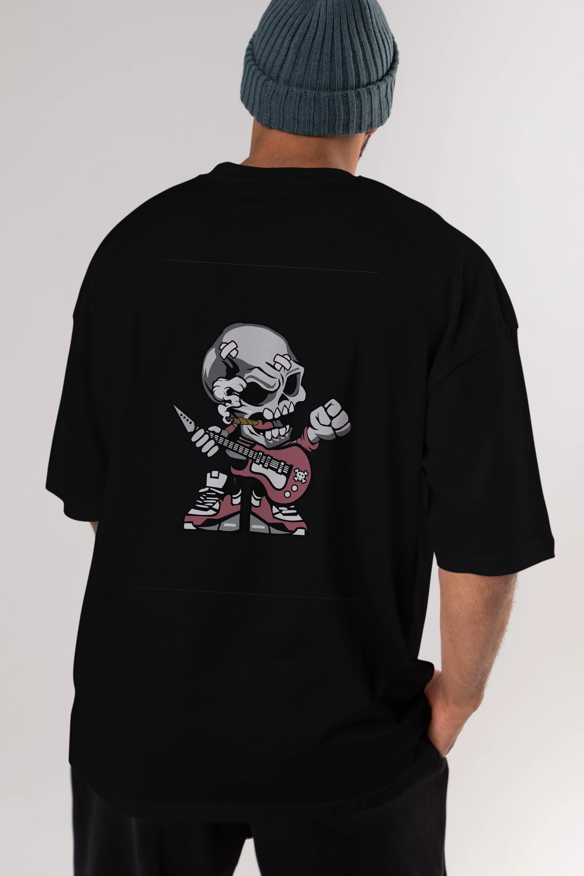Skull Rockstar Arka Baskılı Oversize t-shirt Erkek Kadın Unisex %100 Pamuk tişort