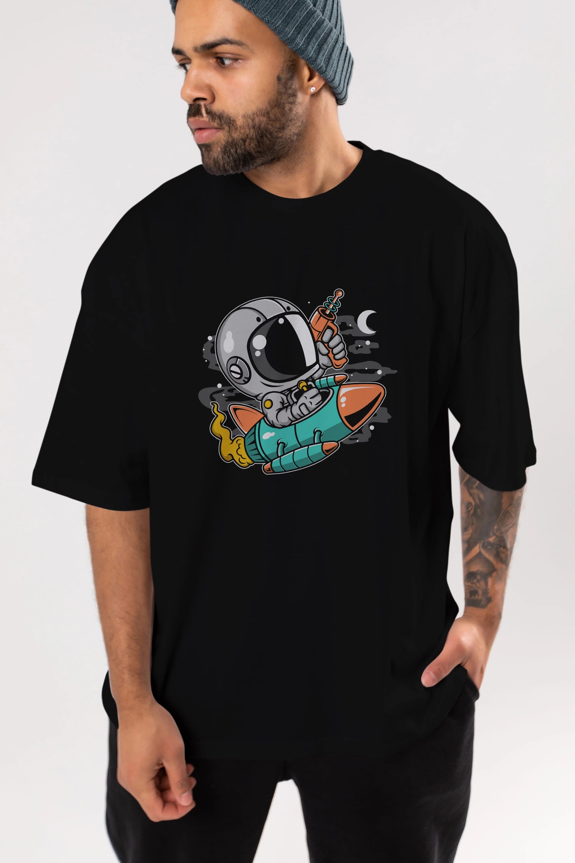 Astronaut Riding Rocket Ön Baskılı Oversize t-shirt Erkek Kadın Unisex