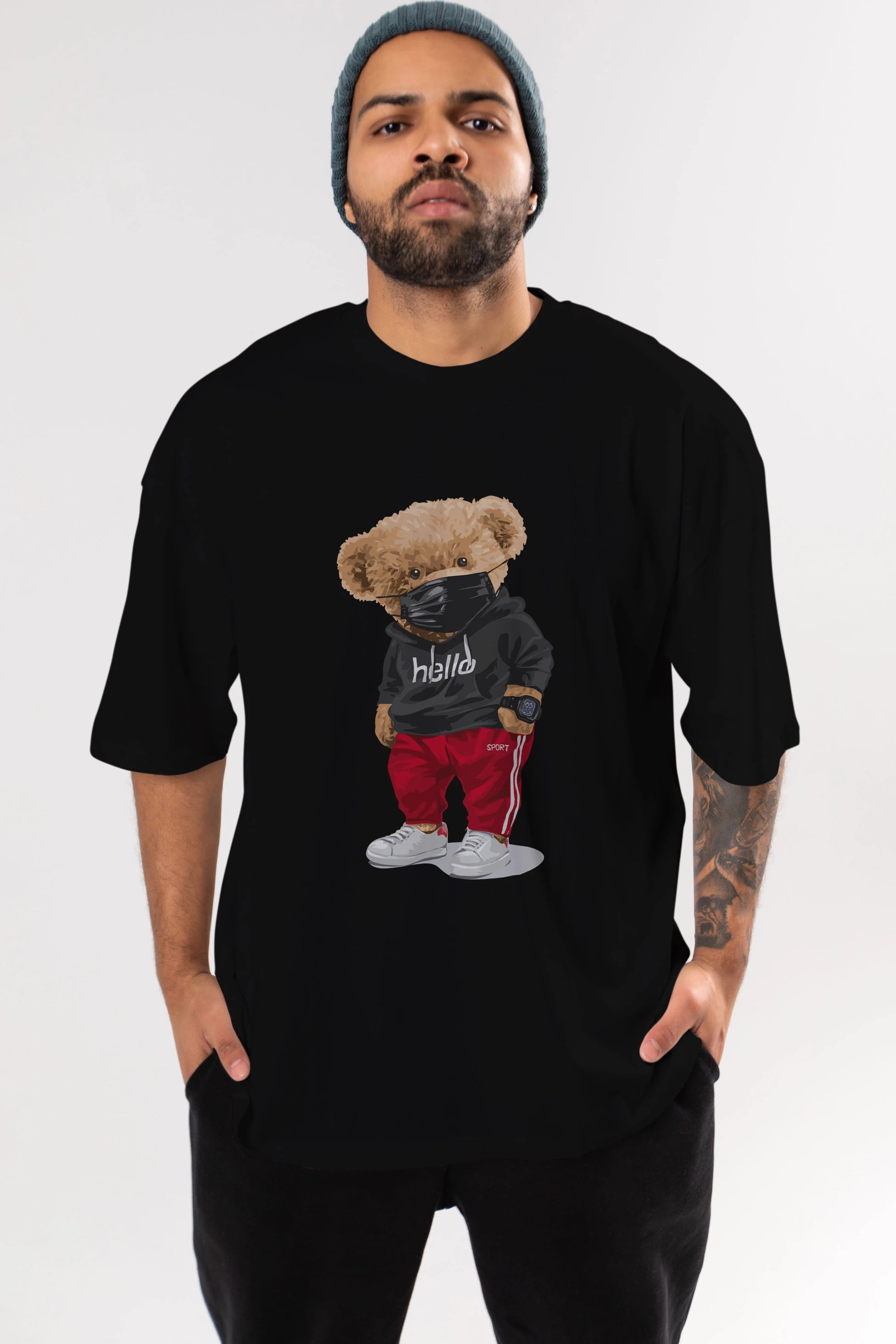 Teddy Bear Hello Sport Ön Baskılı Oversize t-shirt Erkek Kadın Unisex %100 Pamuk