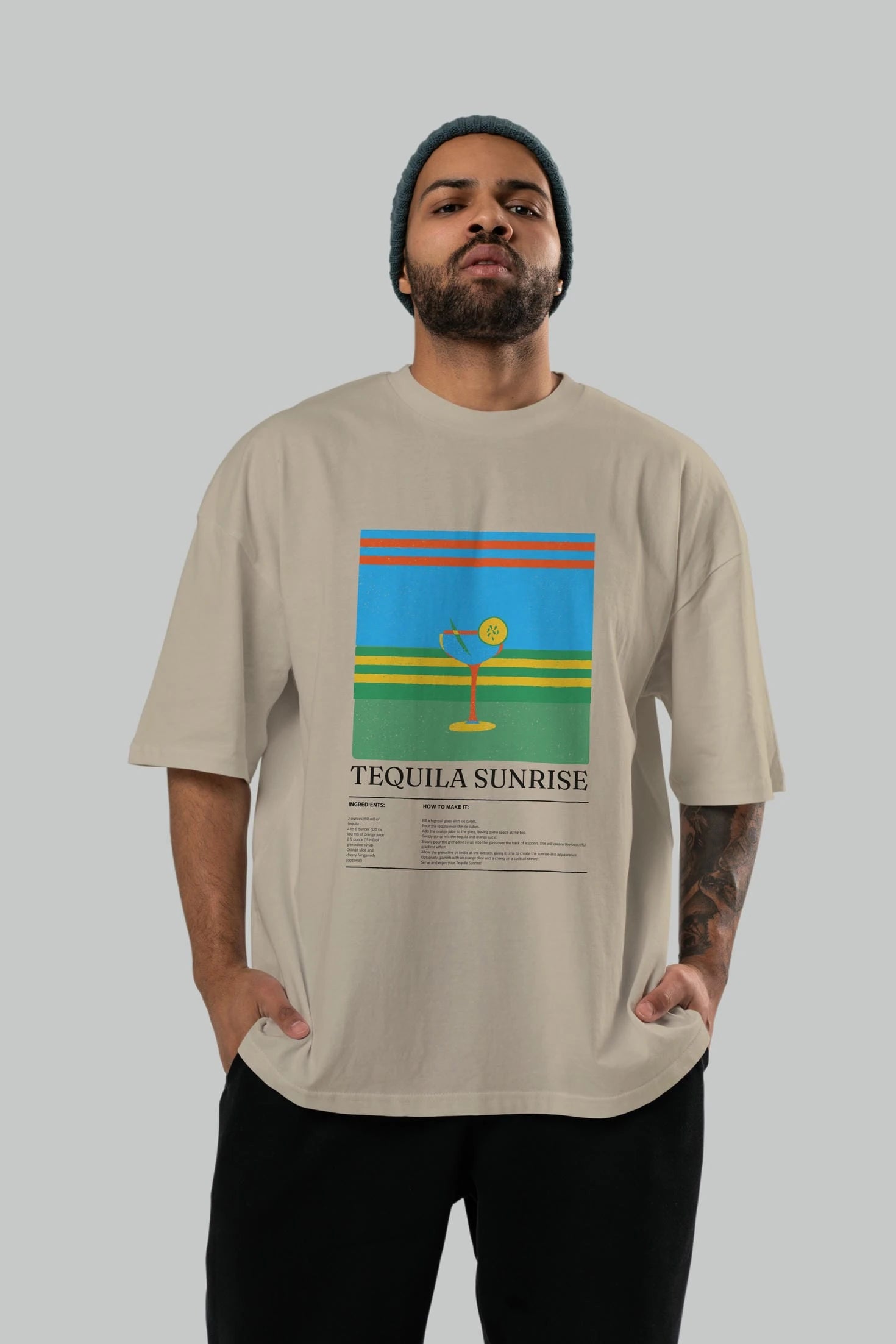 Tequila Sunrise Kokteyl Ön Baskılı Oversize t-shirt Erkek Kadın %100 Pamuk Bisiklet Yaka tişort
