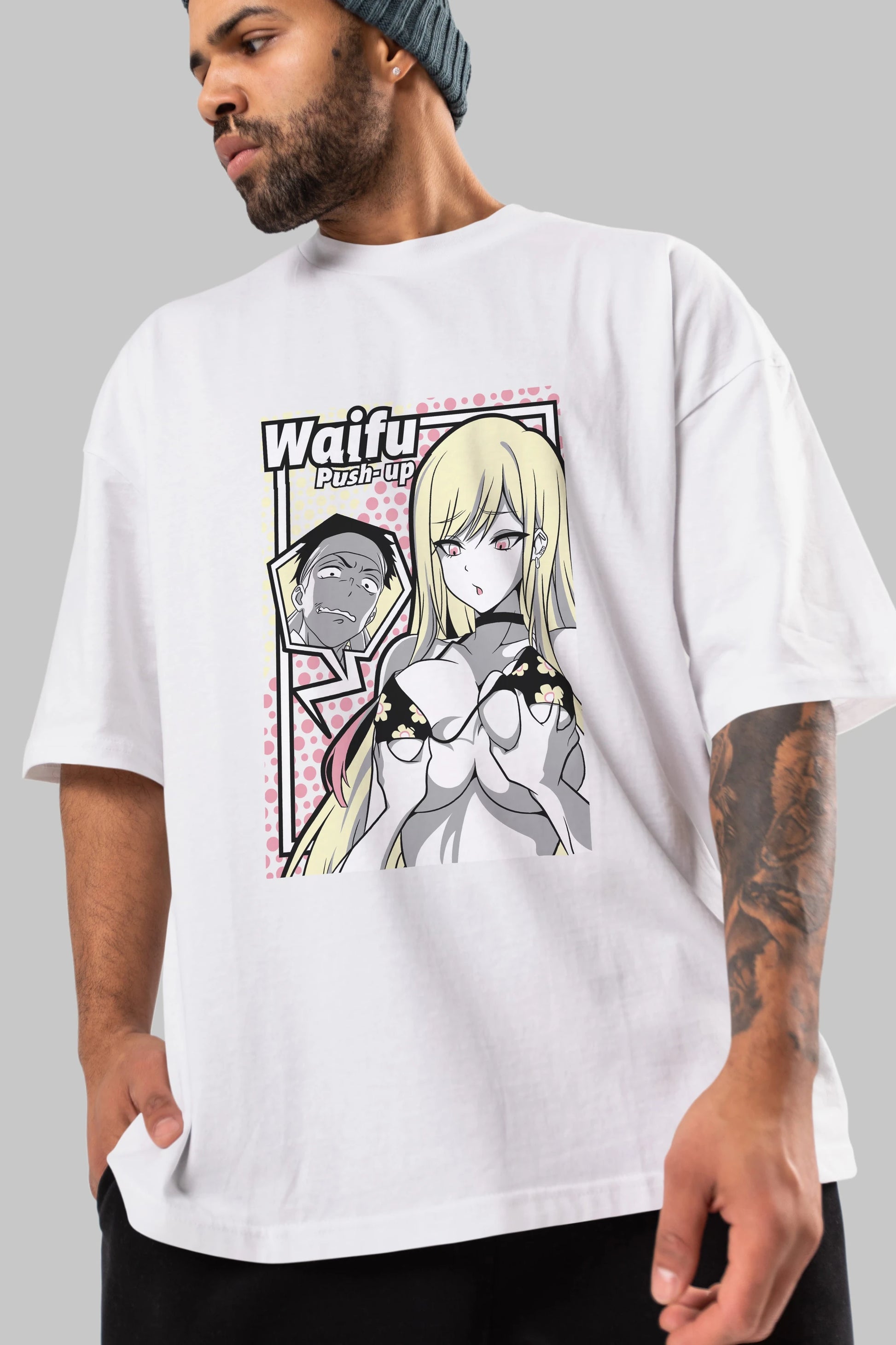 Waifu PushUp Anime Ön Baskılı Oversize t-shirt %100 pamuk Erkek Kadın Unisex