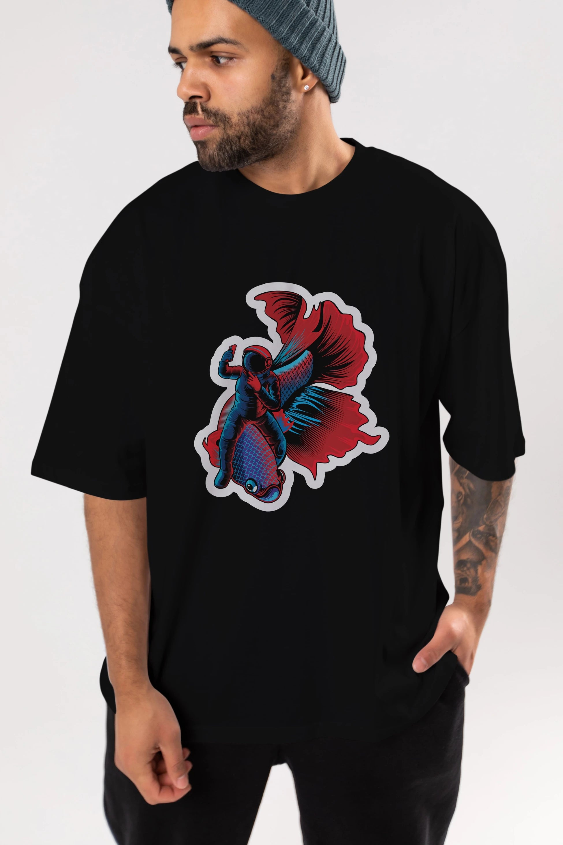 Astrofish selfie sticker Ön Baskılı Oversize t-shirt Erkek Kadın Unisex