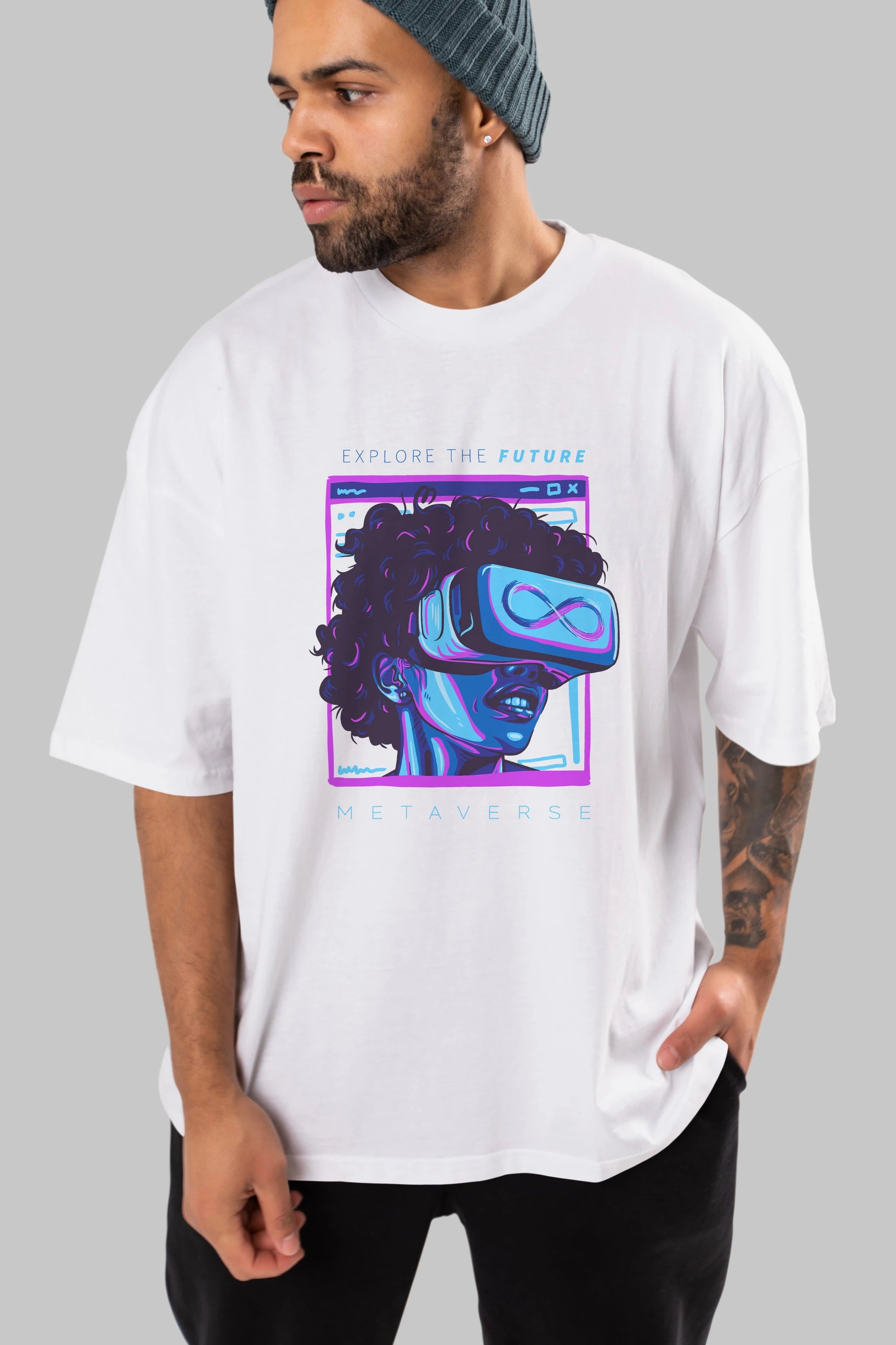 Metaverse Ön Baskılı Oversize t-shirt Erkek Kadın Unisex