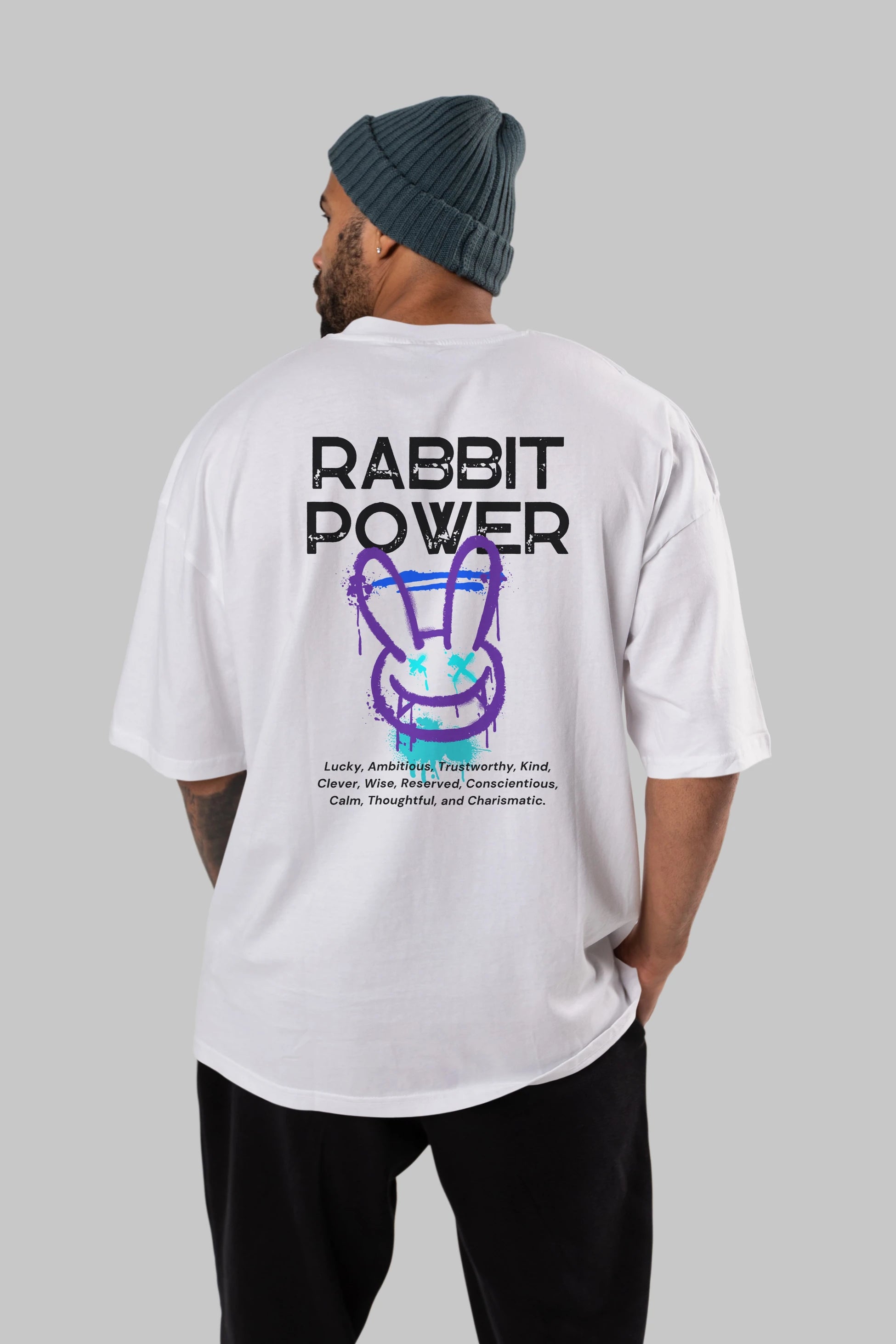 Rabbit Power Yazılı Arka Baskılı Oversize t-shirt Erkek Kadın Unisex