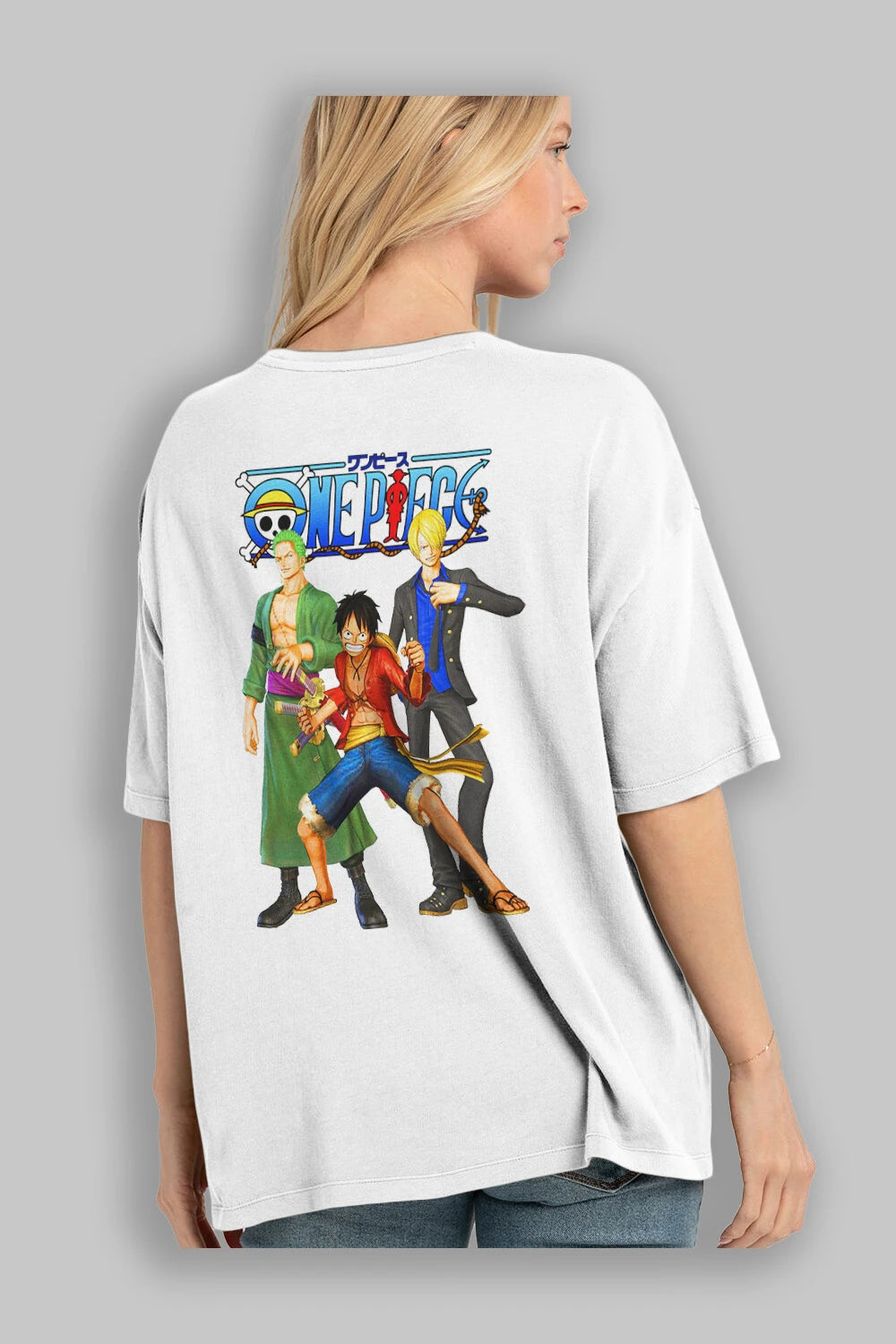Luffy Sanji Zoro Anime Arka Baskılı Oversize t-shirt Erkek Kadın Unisex %100 pamuk tişort