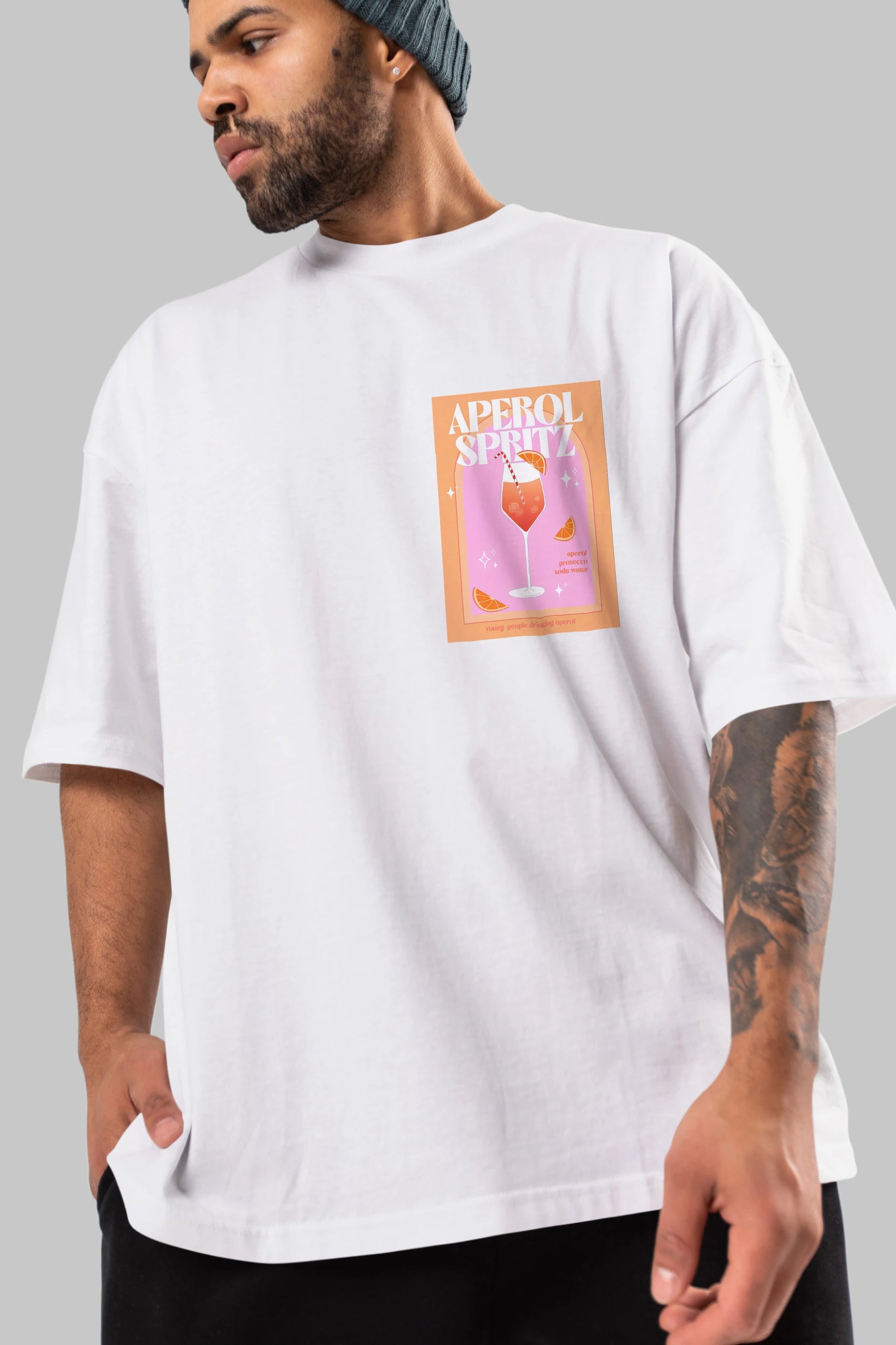 Aperol Spritz 2 Ön Sol Baskılı Oversize t-shirt Erkek Kadın Unisex %100 Pamuk Bisiklet Yaka tişort