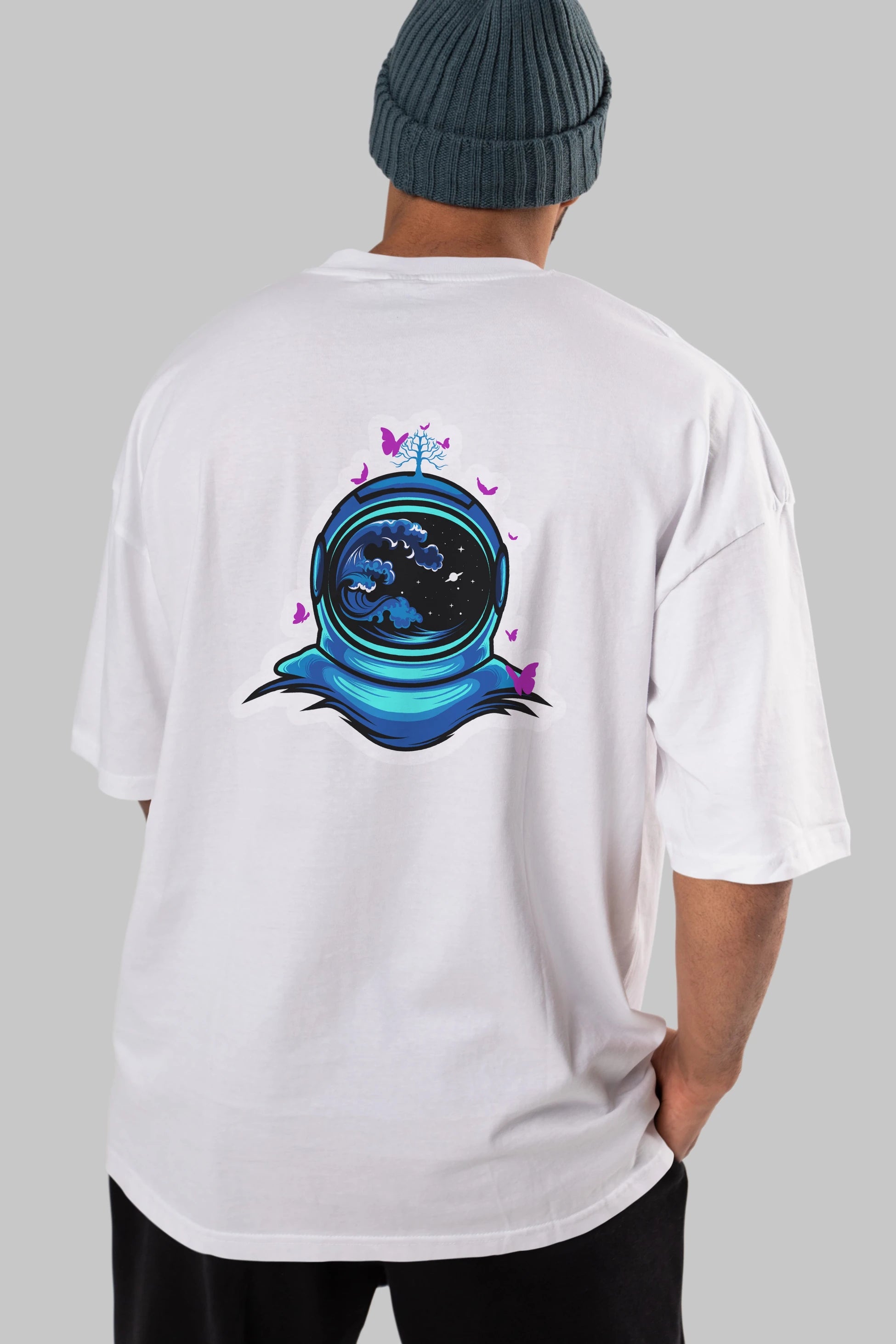 Astronaut and Butterfly Sticker Arka Baskılı Oversize t-shirt Erkek Kadın Unisex