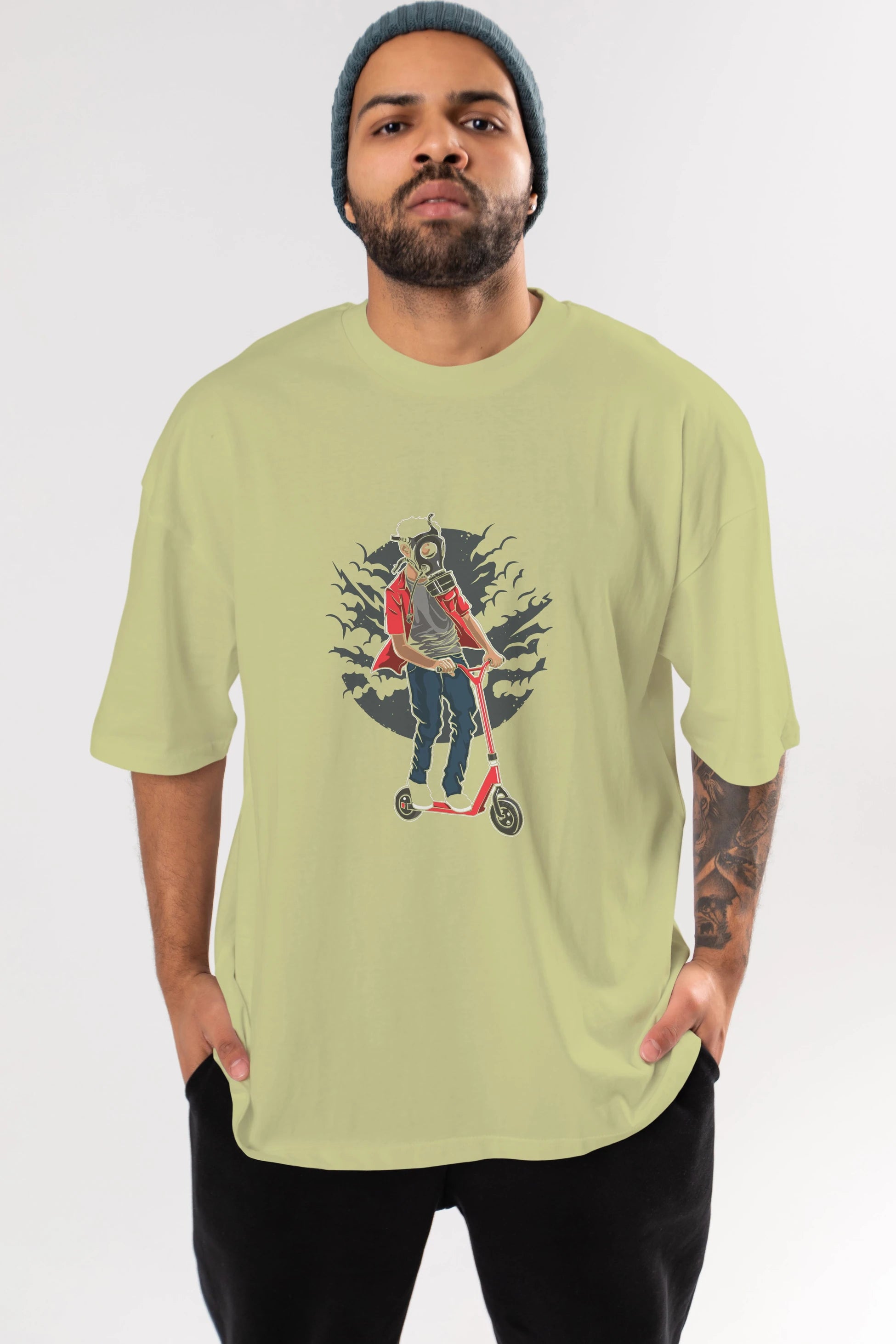 Gasmask Rider Ön Baskılı Oversize t-shirt Erkek Kadın Unisex %100 Pamuk tişort