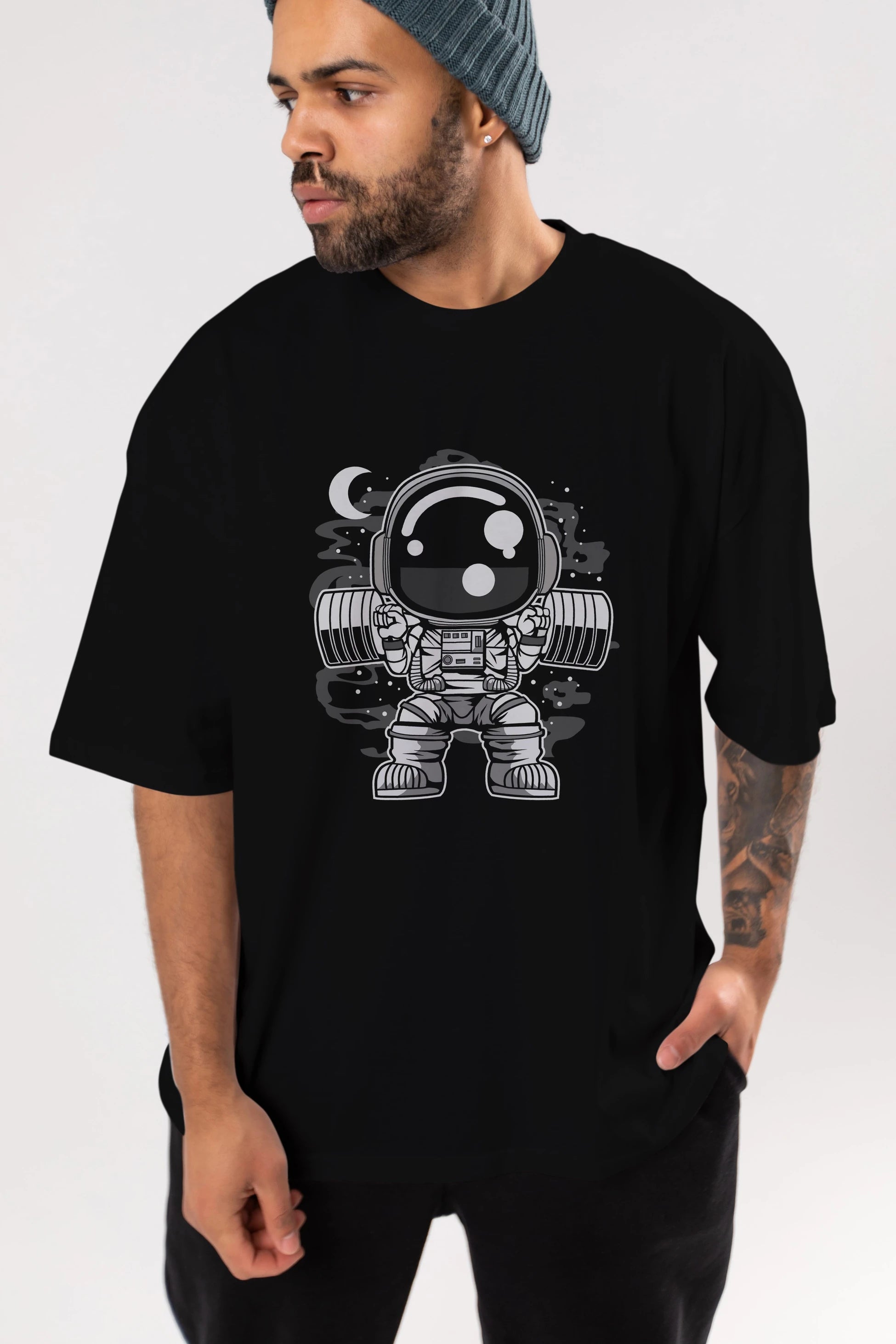 Astronaut Barbell Body Builder Ön Baskılı Oversize t-shirt Erkek Kadın Unisex