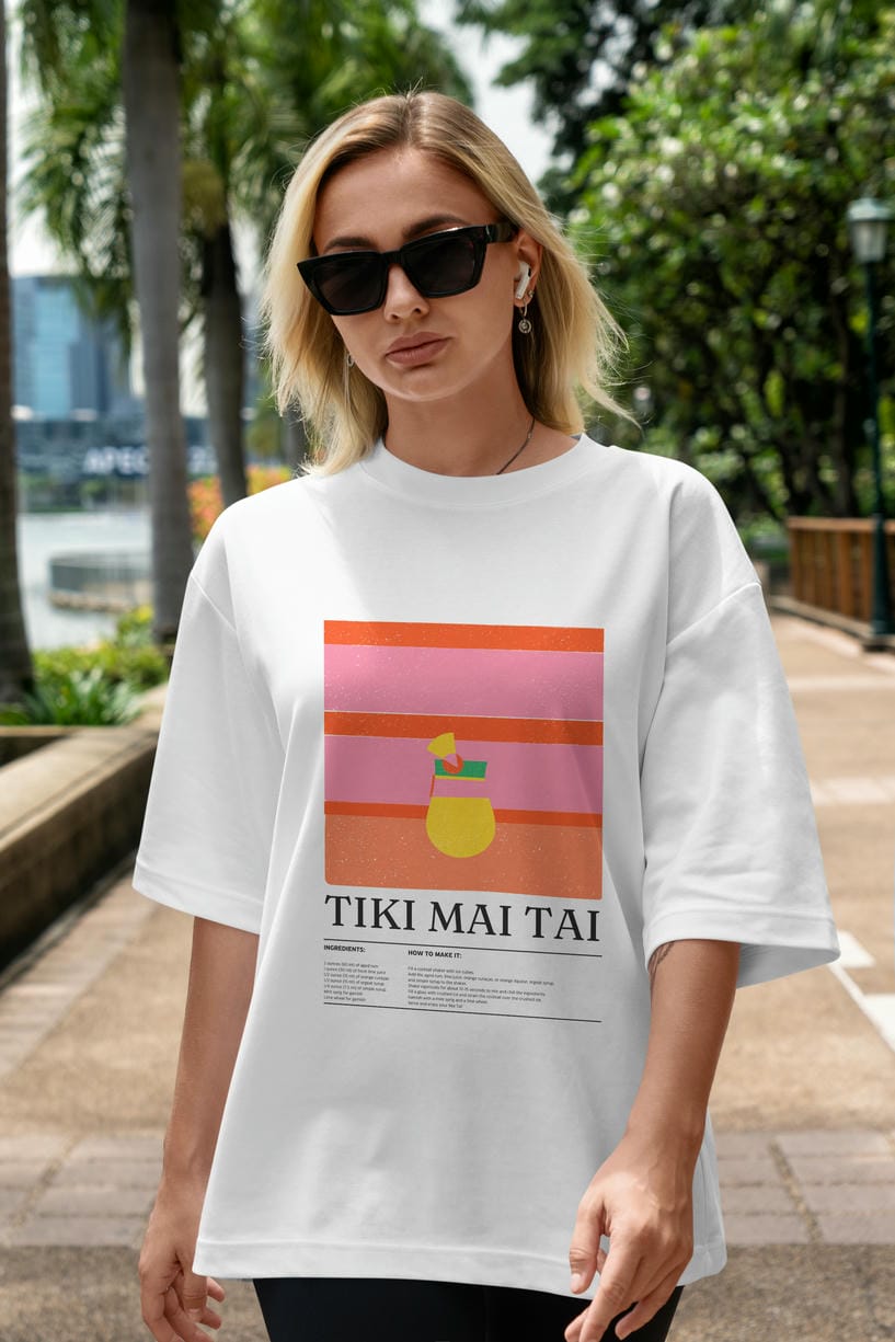 Tiki Mai Tai Kokteyl Ön Baskılı Oversize t-shirt Erkek Kadın %100 Pamuk Bisiklet Yaka tişort