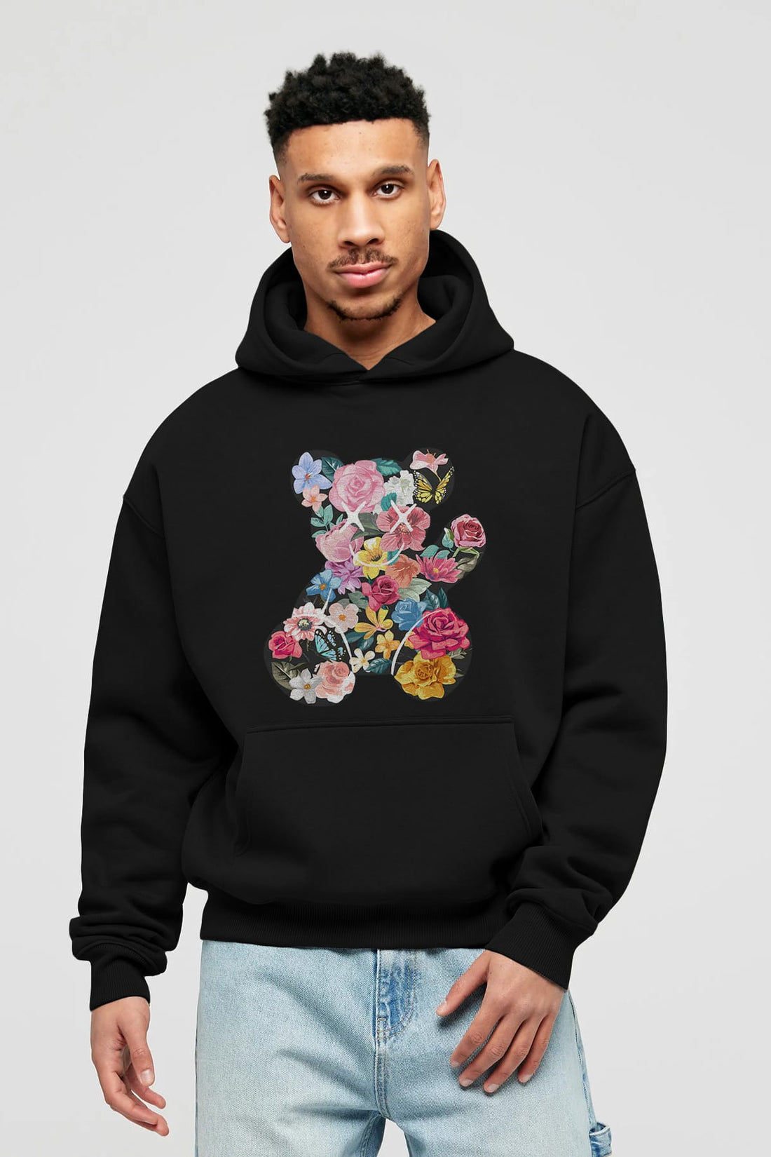 Flowers Bear Ön Baskılı Hoodie Oversize Kapüşonlu Sweatshirt Erkek Kadın Unisex