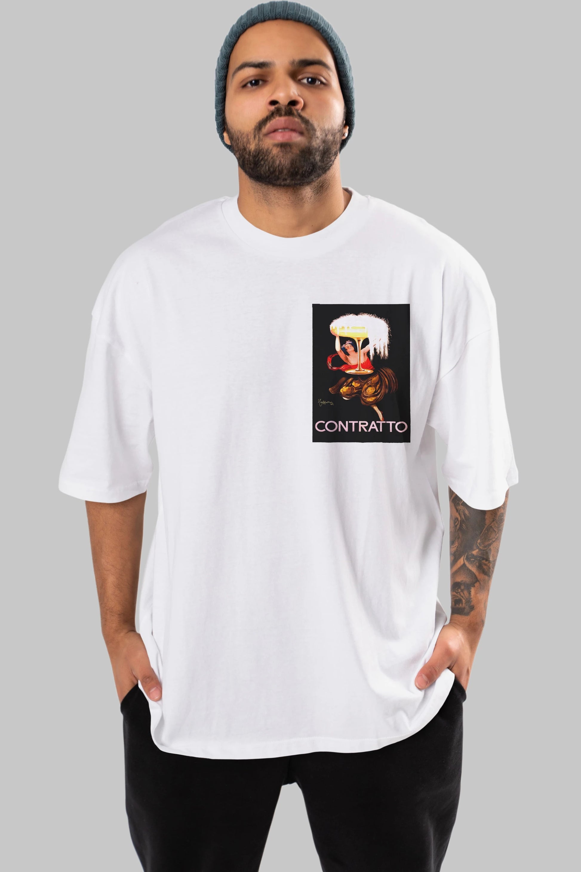 Contratto Ön Sol Baskılı Oversize t-shirt Erkek Kadın Unisex %100 Pamuk Bisiklet Yaka tişort