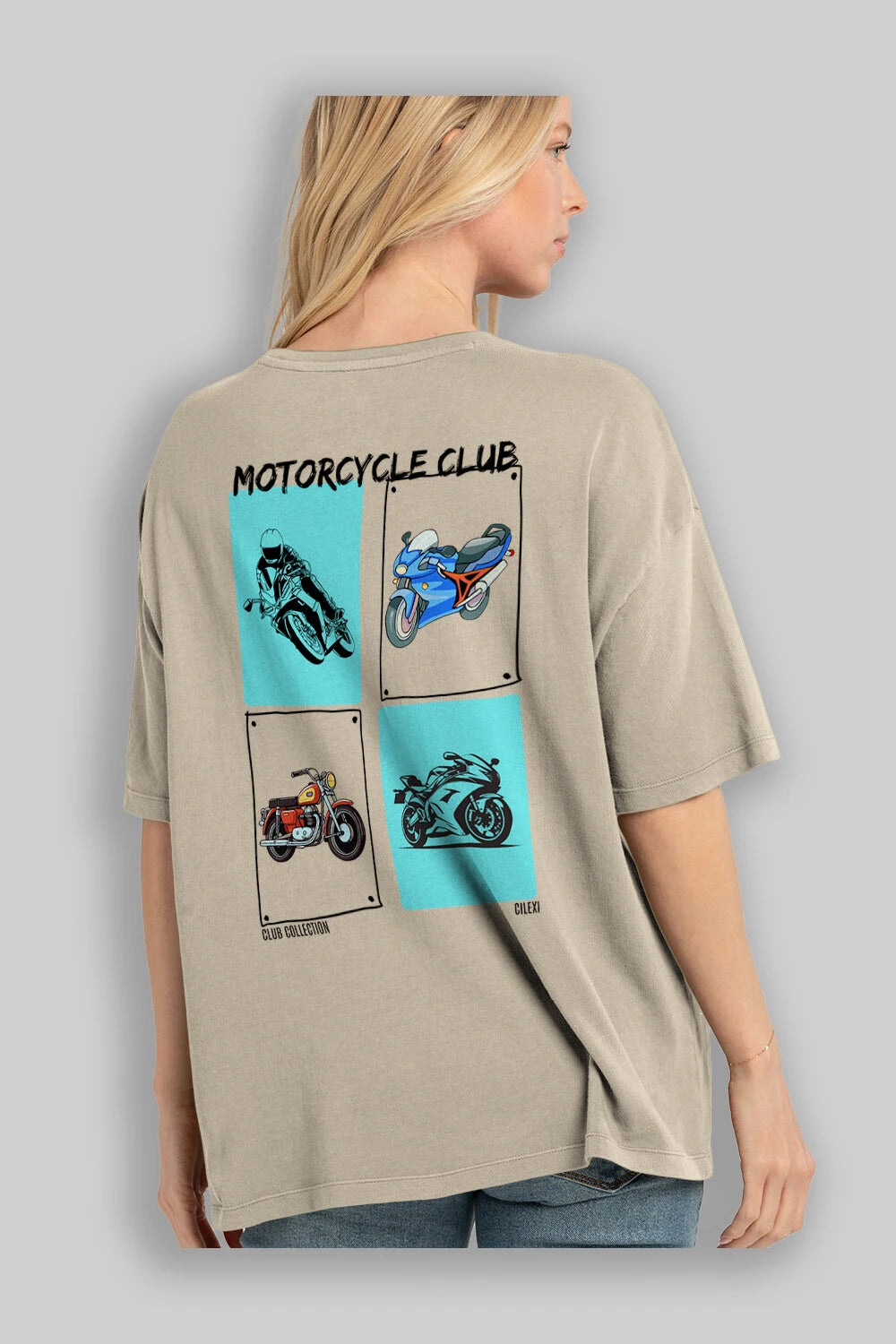 Motorcycle Club Arka Baskılı Oversize t-shirt Erkek Kadın %100 Pamuk Bisiklet Yaka tişort