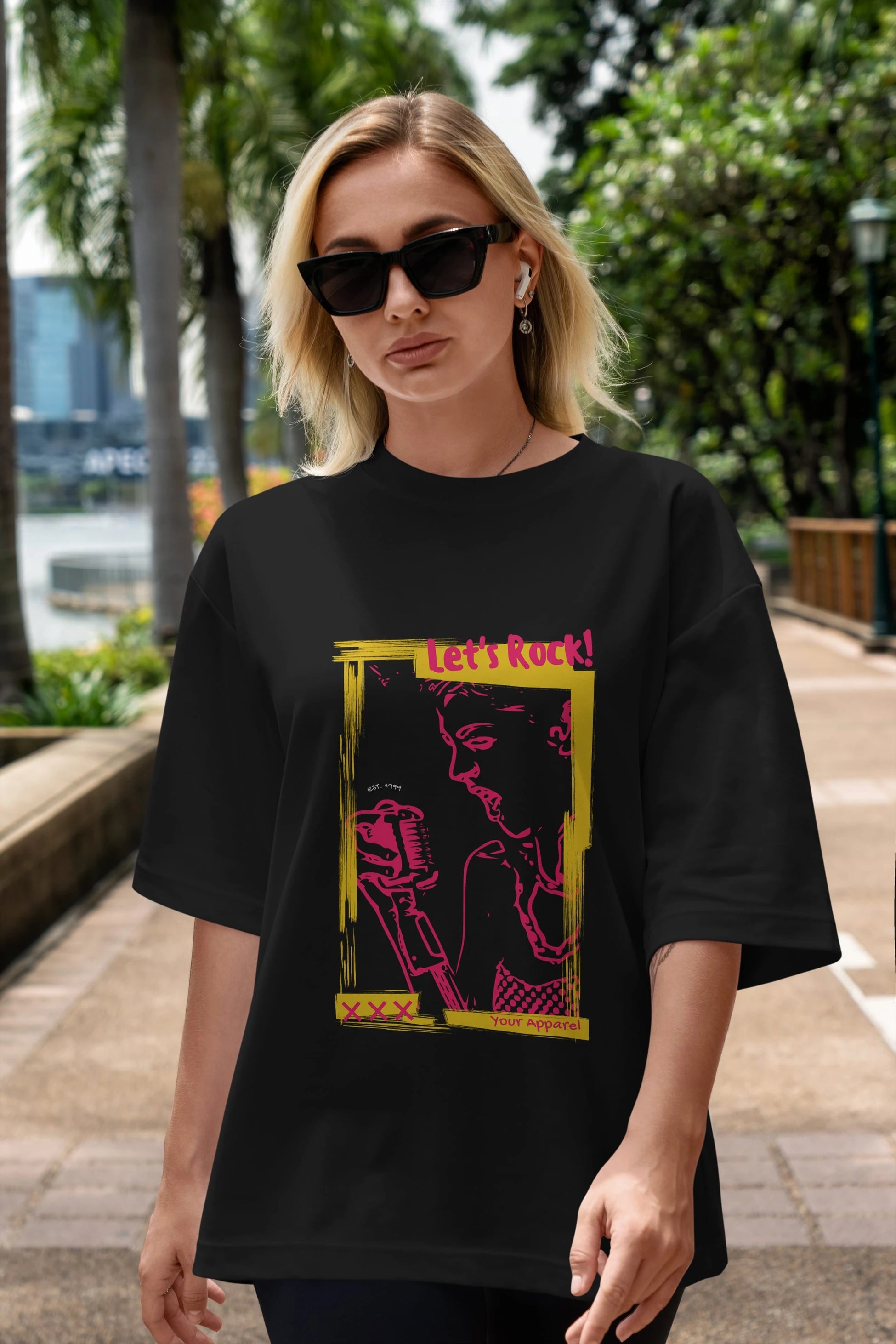 Let's Rock Yazılı Ön Baskılı Oversize t-shirt Erkek Kadın Unisex
