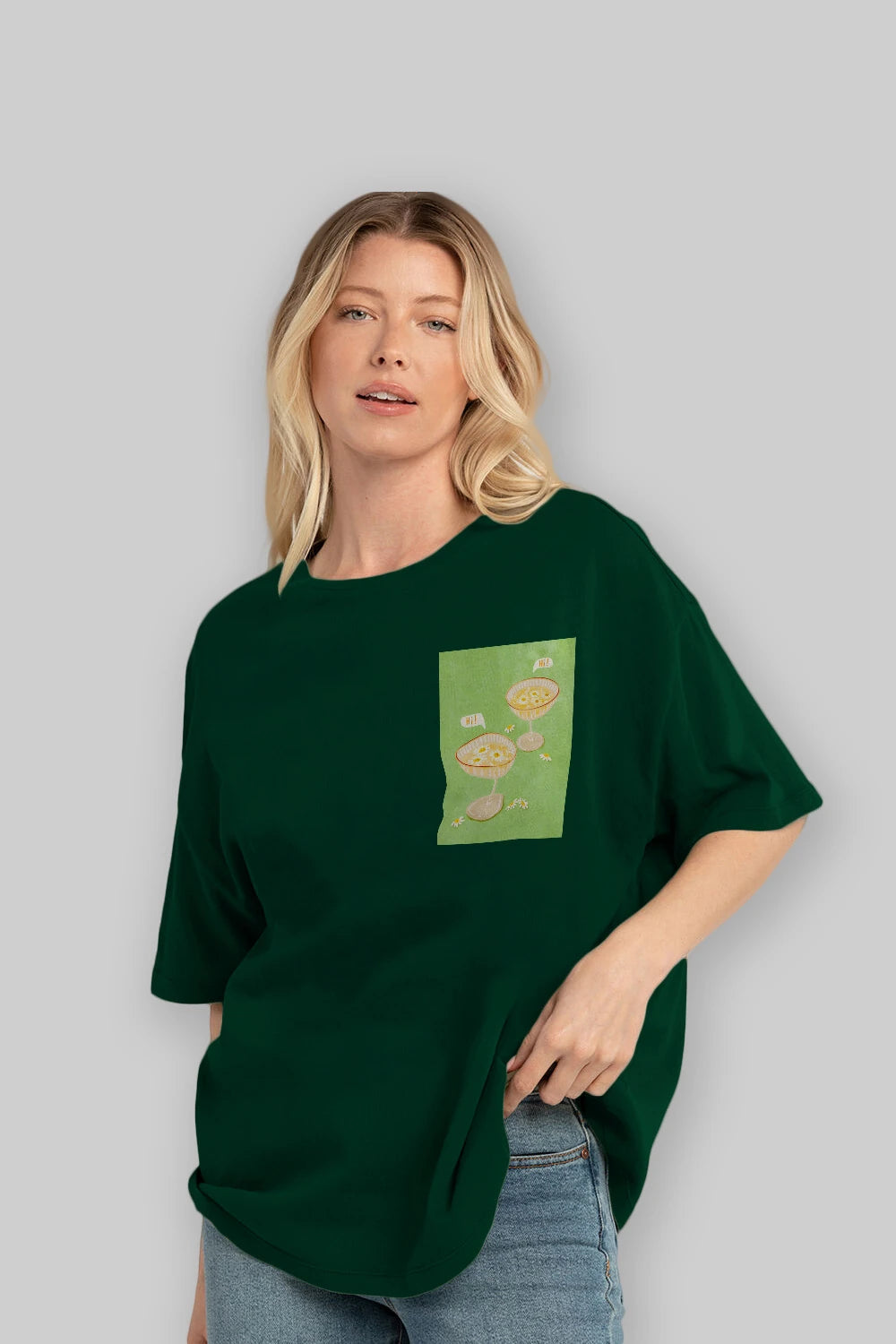 Hi Cheers Ön Sol Baskılı Oversize t-shirt Erkek Kadın Unisex %100 Pamuk Bisiklet Yaka tişort