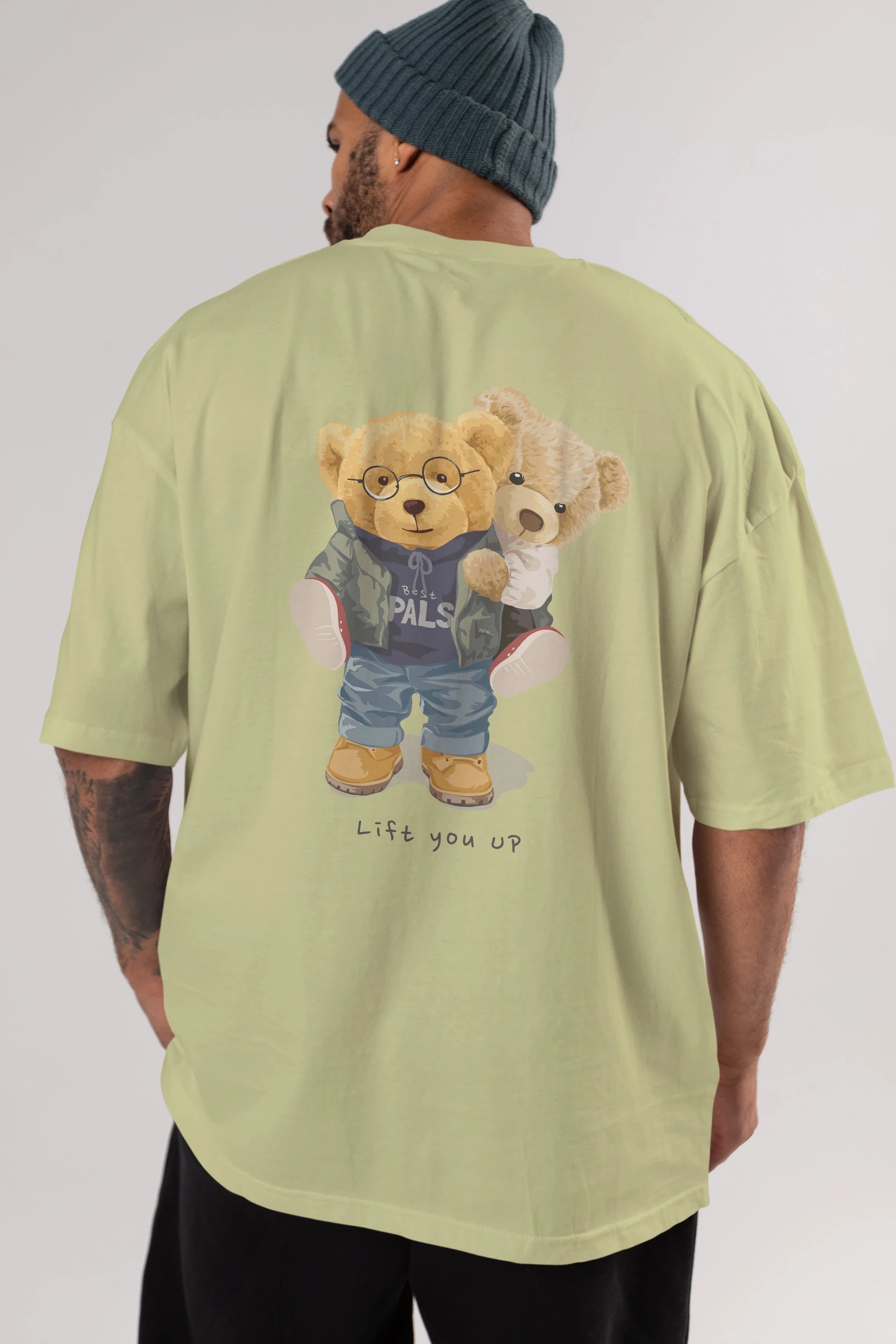 Teddy Bear Lift You Up Arka Baskılı Oversize t-shirt Erkek Kadın Unisex %100 Pamuk
