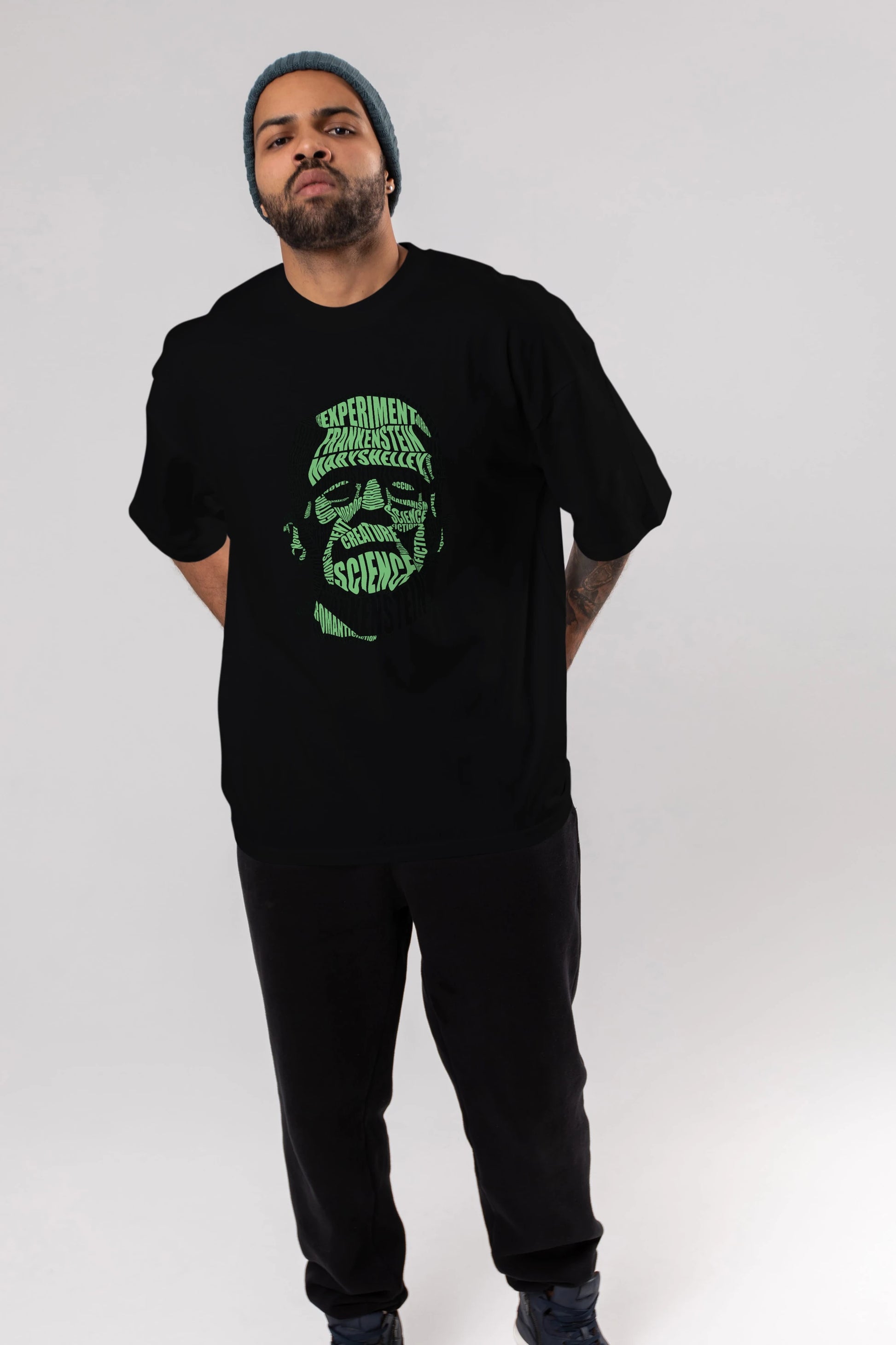 Frankenstein Calligram Ön Baskılı Oversize t-shirt %100 pamuk Erkek Kadın Unisex