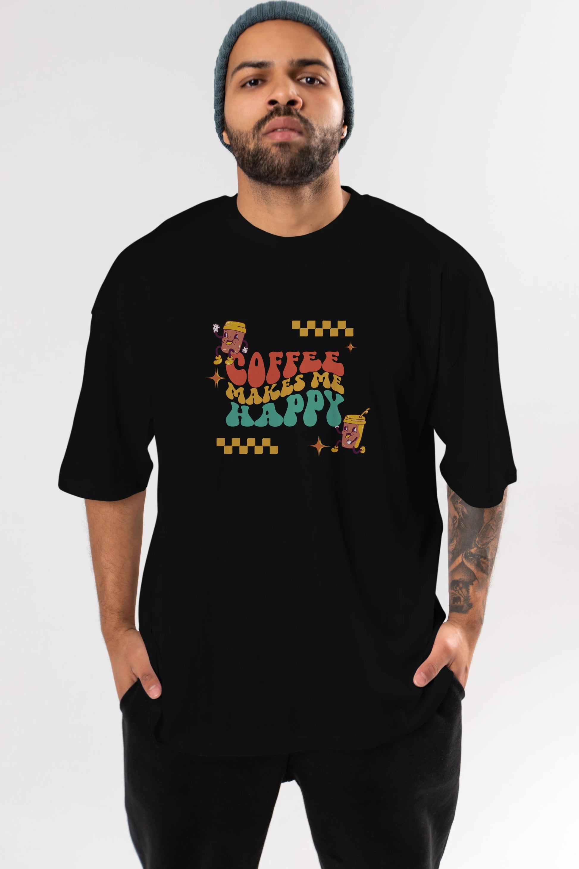 Coffee Makes Me Happy Yazılı Ön Baskılı Oversize t-shirt Erkek Kadın Unisex