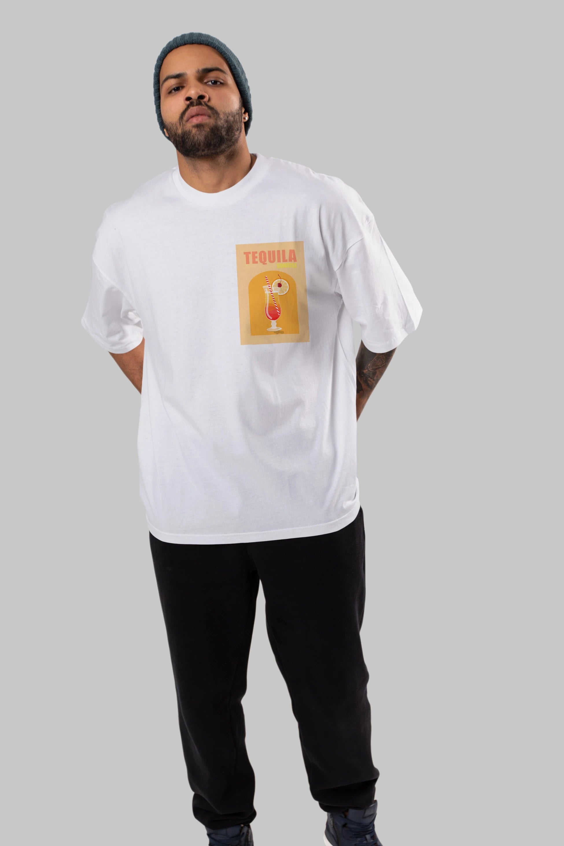 Tequila Sunrise Ön Sol Baskılı Oversize t-shirt Erkek Kadın Unisex %100 Pamuk Bisiklet Yaka tişort