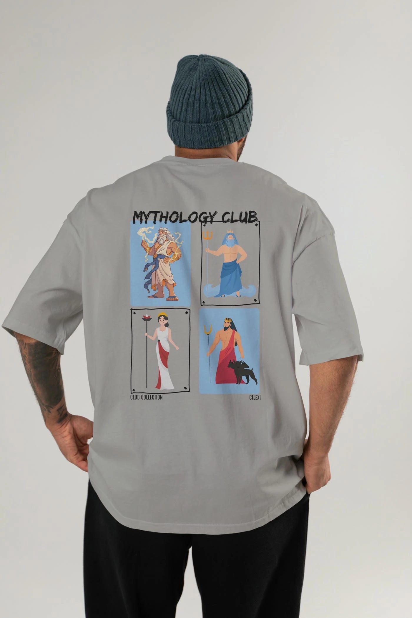 Mythology Club 2 Arka Baskılı Oversize t-shirt Erkek Kadın %100 Pamuk Bisiklet Yaka tişort