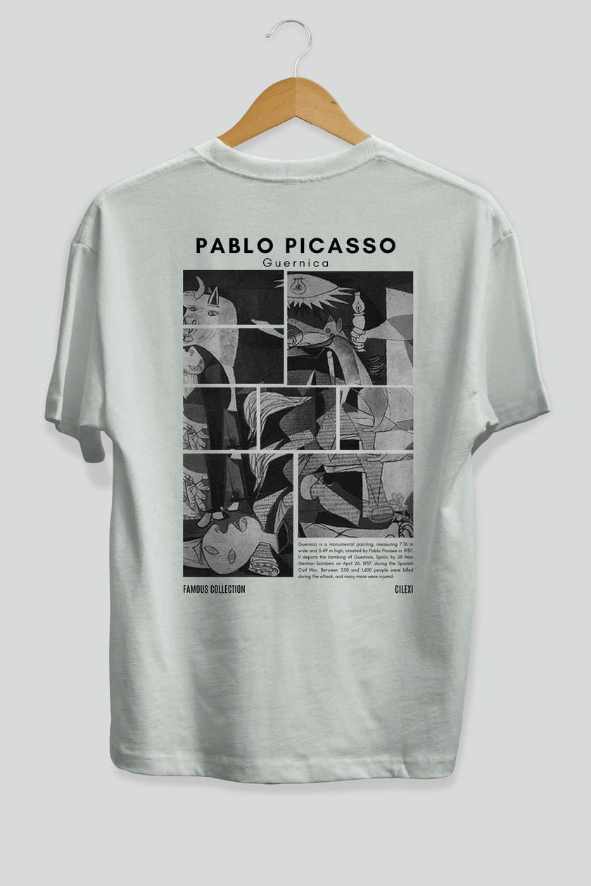 Pablo Picasso Guernica Arka Baskılı Oversize t-shirt Erkek Kadın Bisiklet Yaka Pamuk tişort