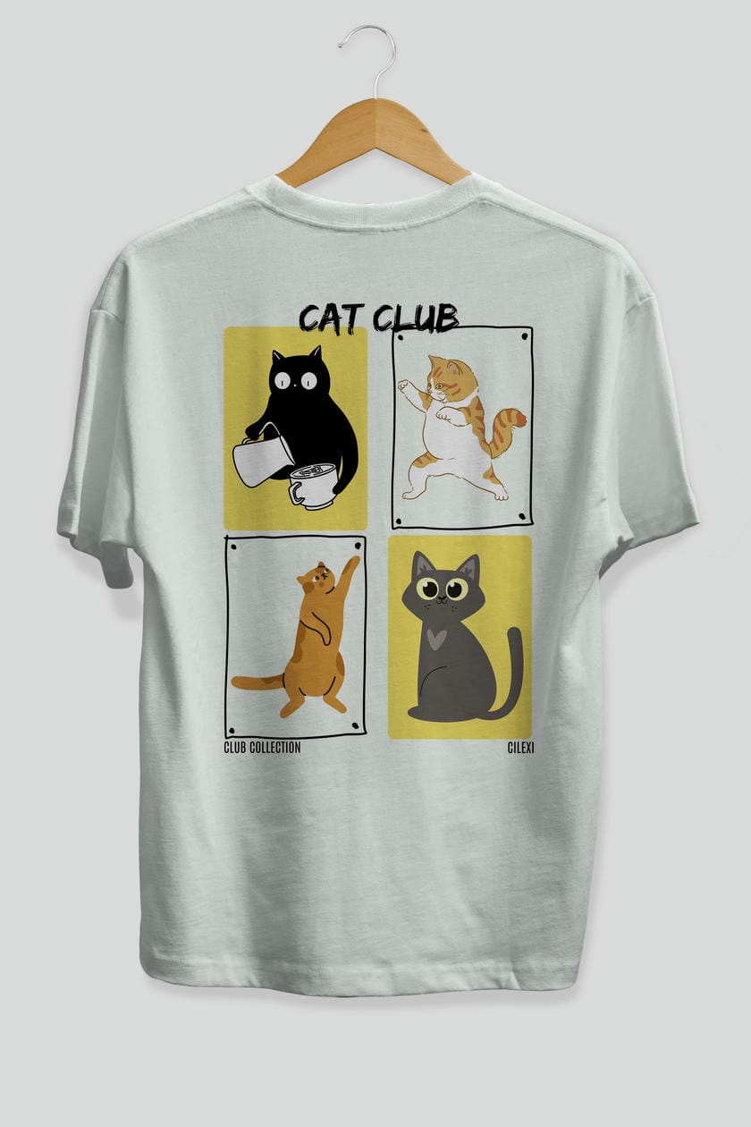Cat Club Arka Baskılı Oversize t-shirt Erkek Kadın %100 Pamuk Bisiklet Yaka tişort